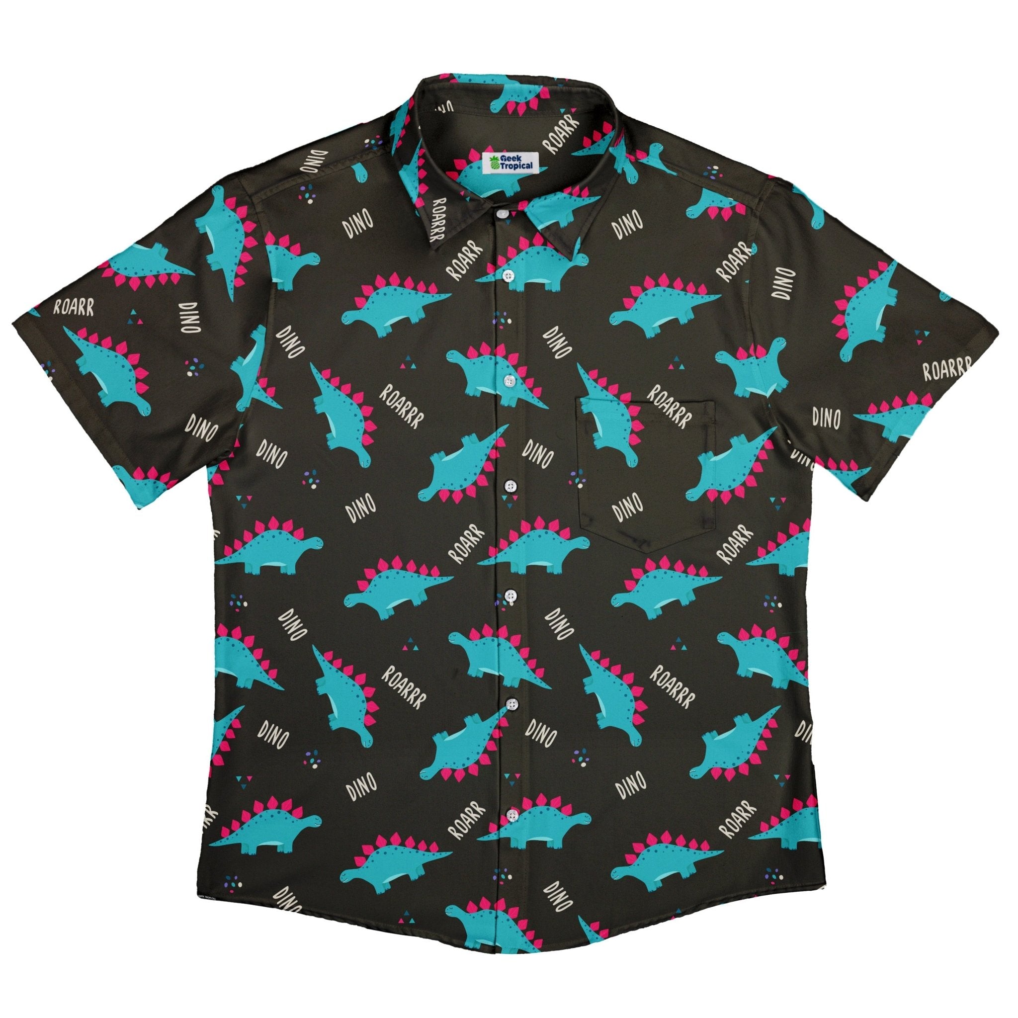 Dinosaur Roarrr Black Button Up Shirt - adult sizing - dinosaur print -