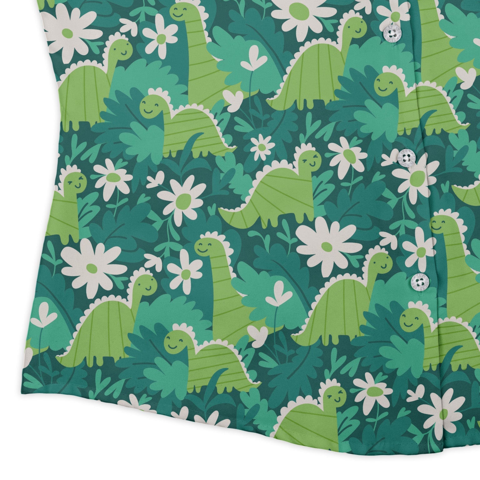 Dinosaur Smiles Flowers and Leaves Curvy Button Up Shirt Geek Nerd dinosaur print Maximalist Patterns women