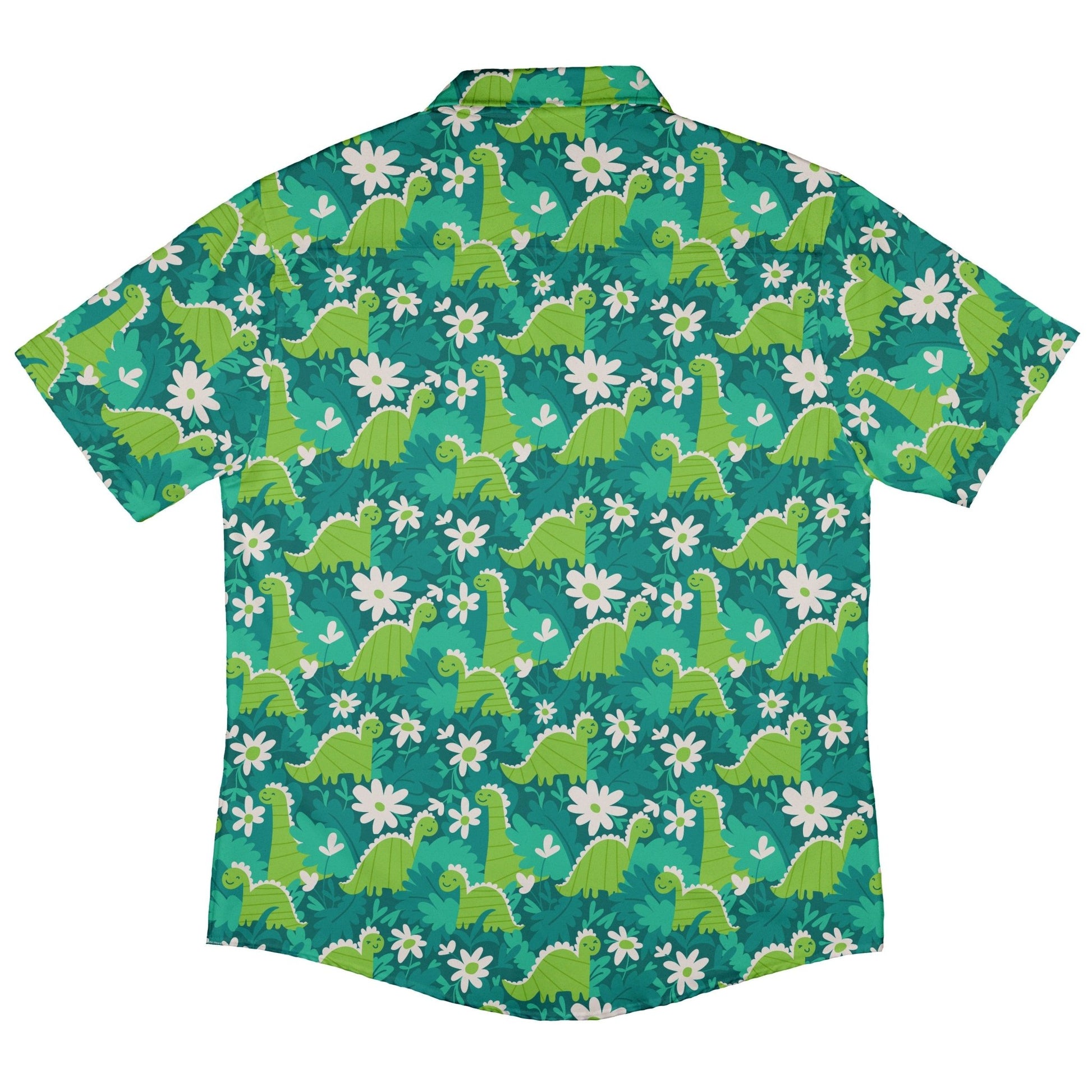 Dinosaur Smiles Flowers and Leaves Button Up Shirt - adult sizing - dinosaur print - Maximalist Patterns