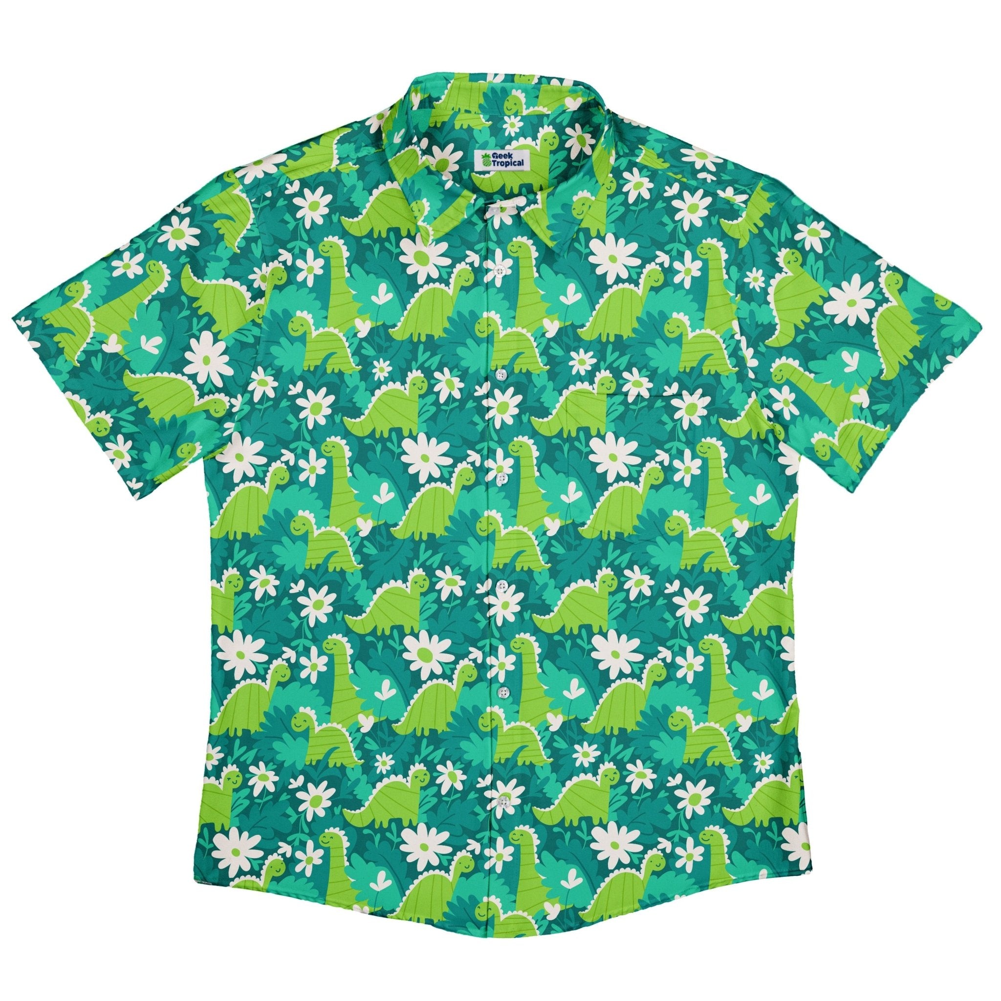 Dinosaur Smiles Flowers and Leaves Button Up Shirt - adult sizing - dinosaur print - Maximalist Patterns