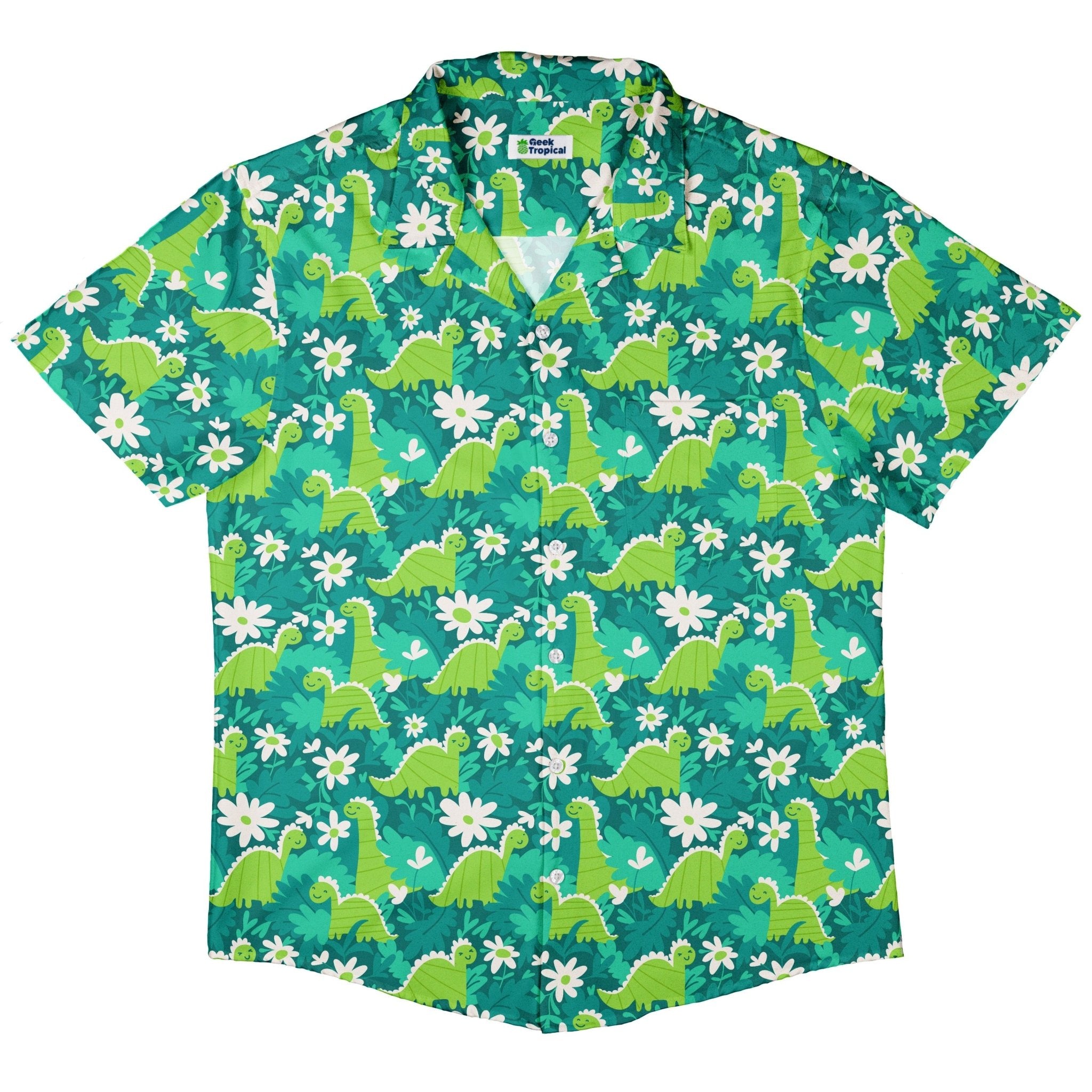 Dinosaur Smiles Flowers and Leaves Button Up Shirt - adult sizing - dinosaur print - Maximalist Patterns