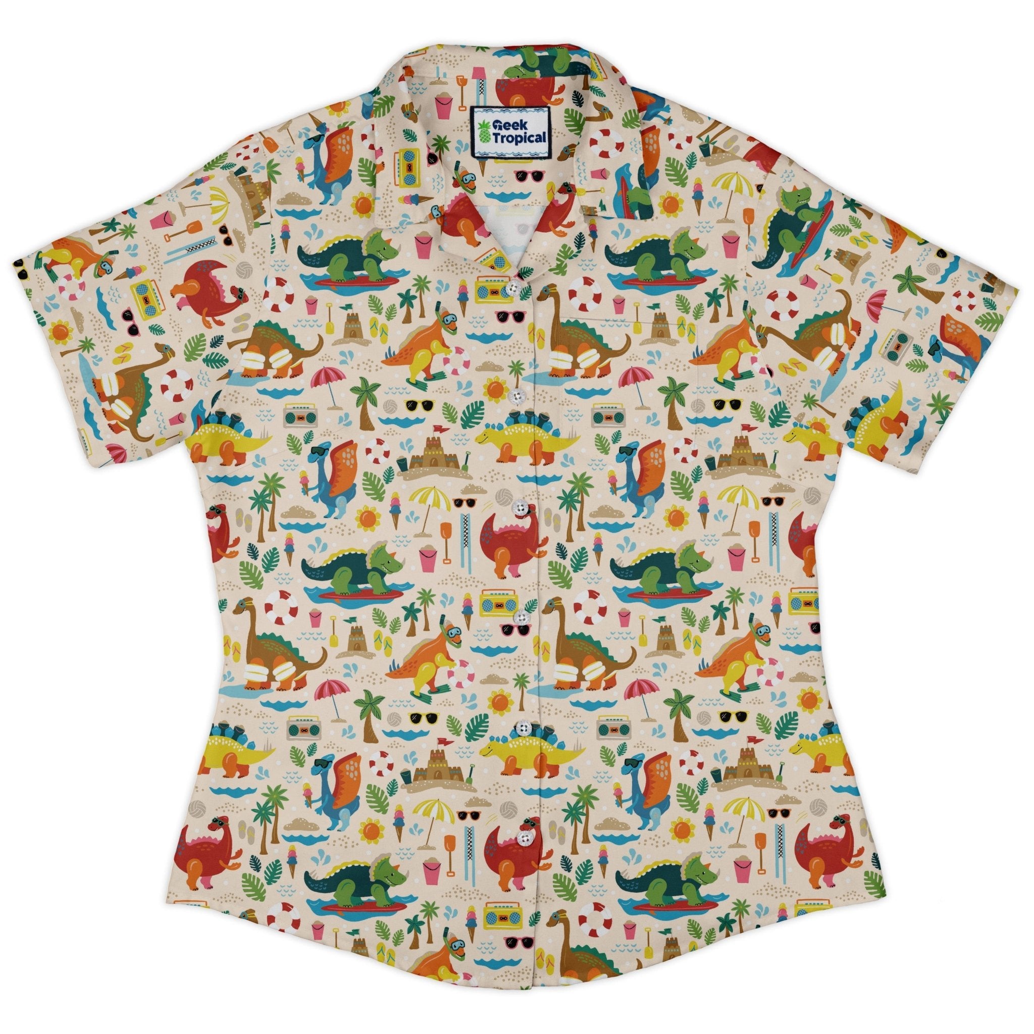 Dinosaur Beach Party Curvy Button Up Shirt Geek Nerd Design by Zirkus Design dinosaur print q225