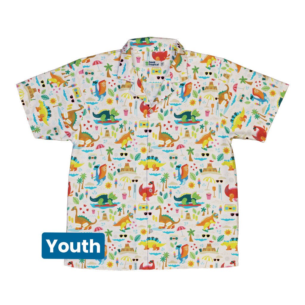 Dinosaur Beach Party Youth Hawaiian Shirt Geek Nerd Design by Zirkus Design dinosaur print q225