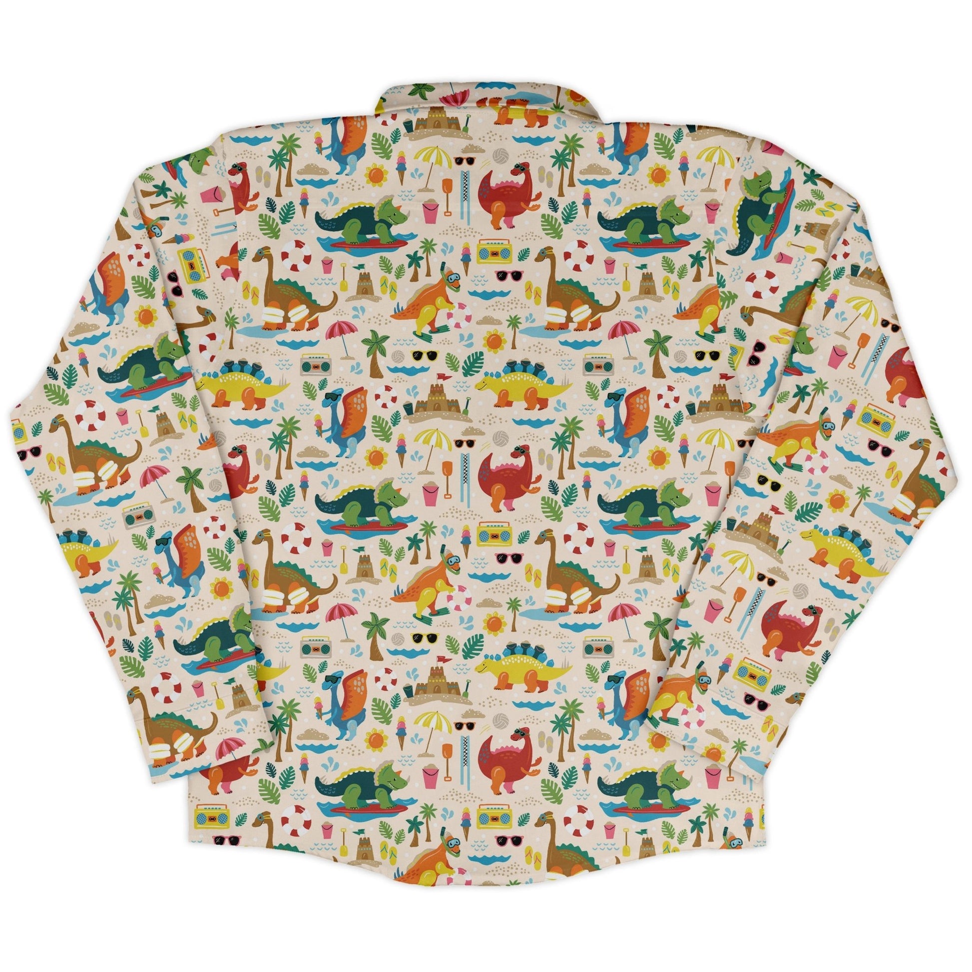 Dinosaur beach party Long Sleeve Button Up Shirt Geek Nerd adult sizing Design by Zirkus Design dinosaur print