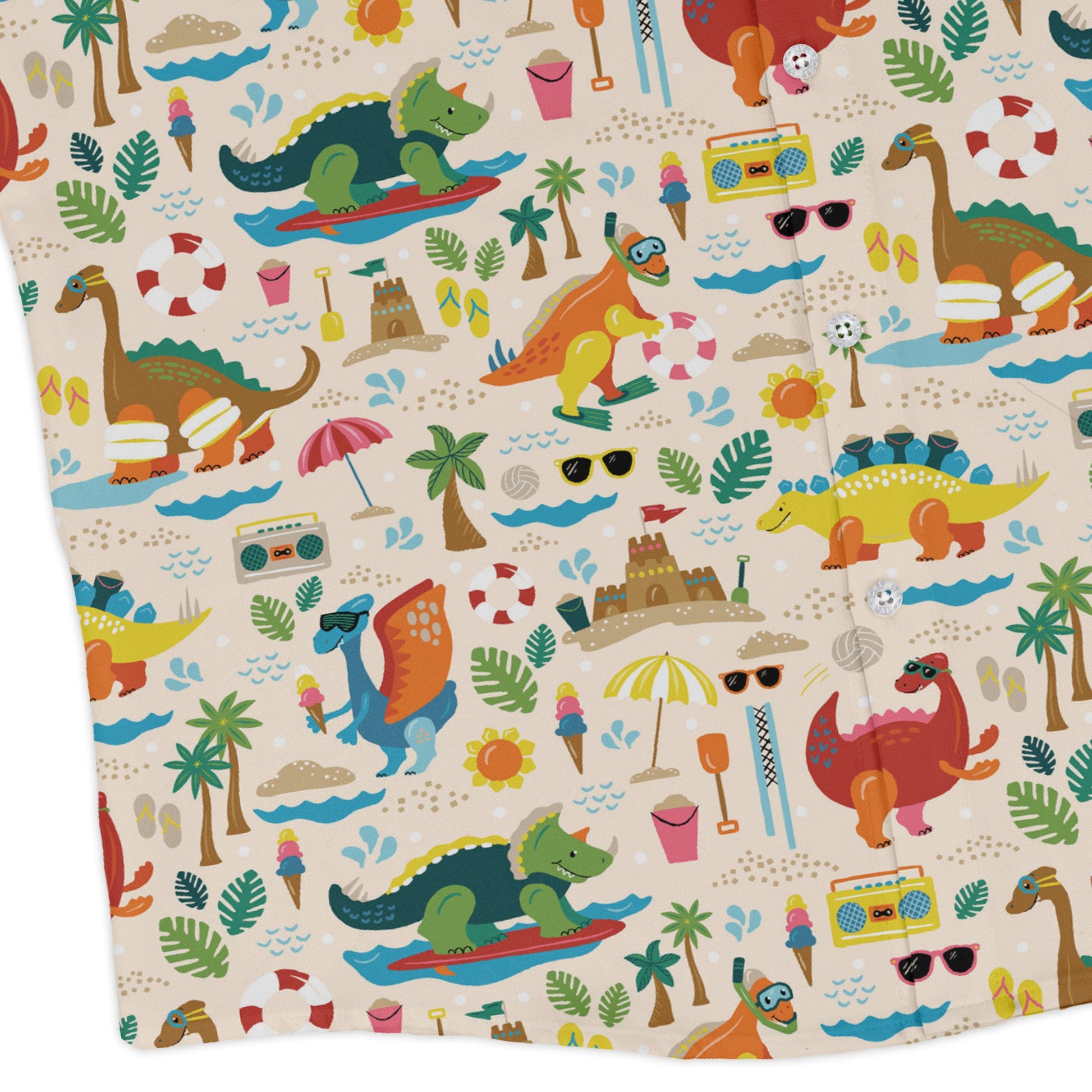 Dinosaur beach party Long Sleeve Button Up Shirt Geek Nerd adult sizing Design by Zirkus Design dinosaur print