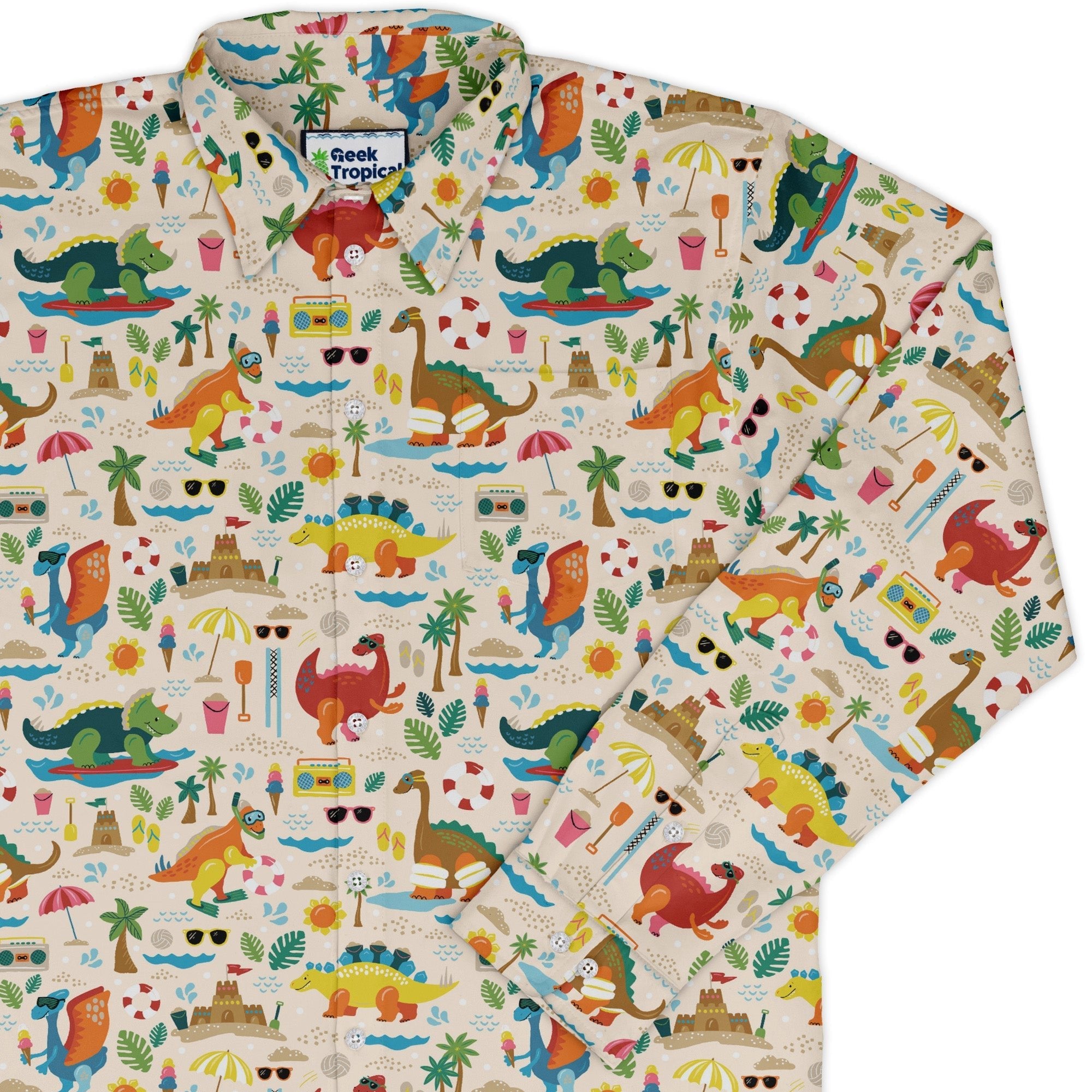 Dinosaur beach party Long Sleeve Button Up Shirt Geek Nerd adult sizing Design by Zirkus Design dinosaur print