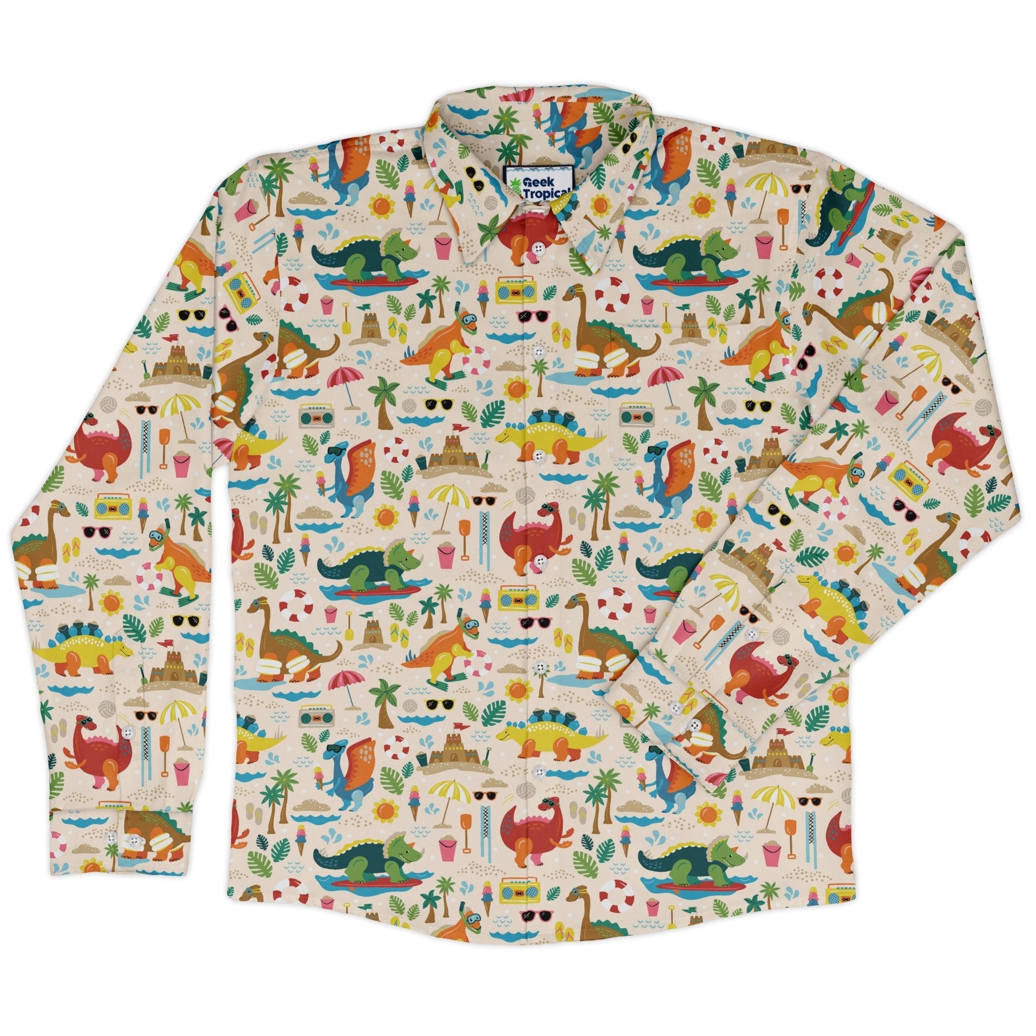 Dinosaur beach party Long Sleeve Button Up Shirt Geek Nerd adult sizing Design by Zirkus Design dinosaur print