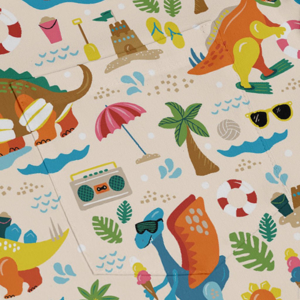 Dinosaur beach party Long Sleeve Button Up Shirt Geek Nerd adult sizing Design by Zirkus Design dinosaur print