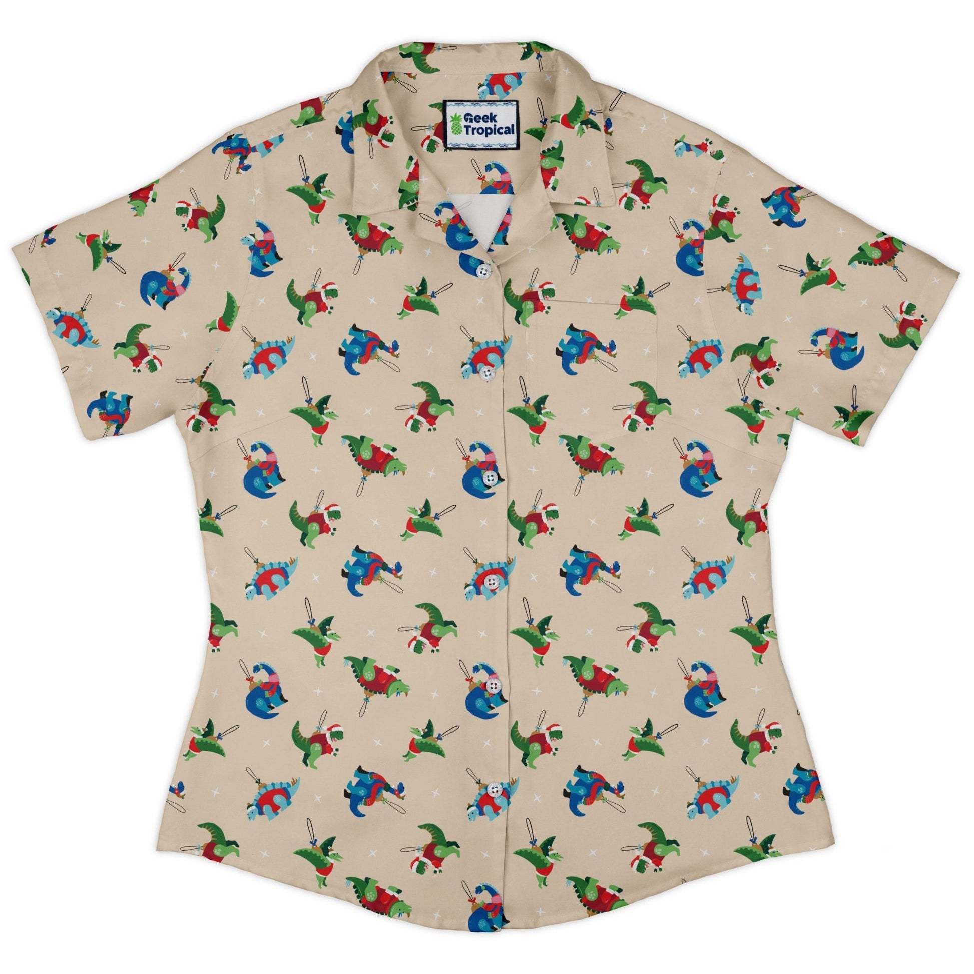 Dinosaur Ornaments Curvy Button Up Shirt Geek Nerd christmas print Design by Zirkus Design dinosaur print