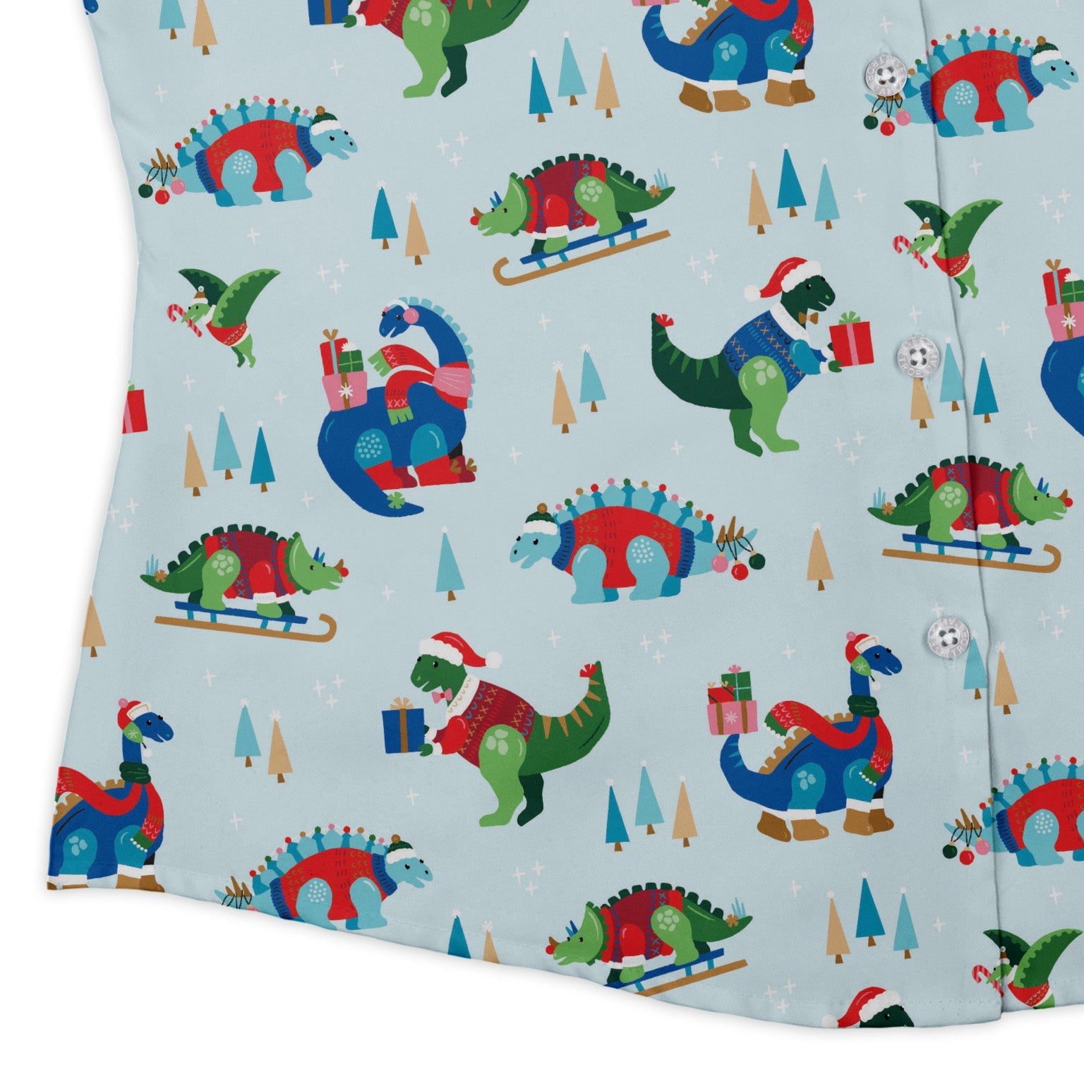 Dinosaur Wonderful Winter Curvy Button Up Shirt Geek Nerd christmas print Design by Zirkus Design dinosaur print