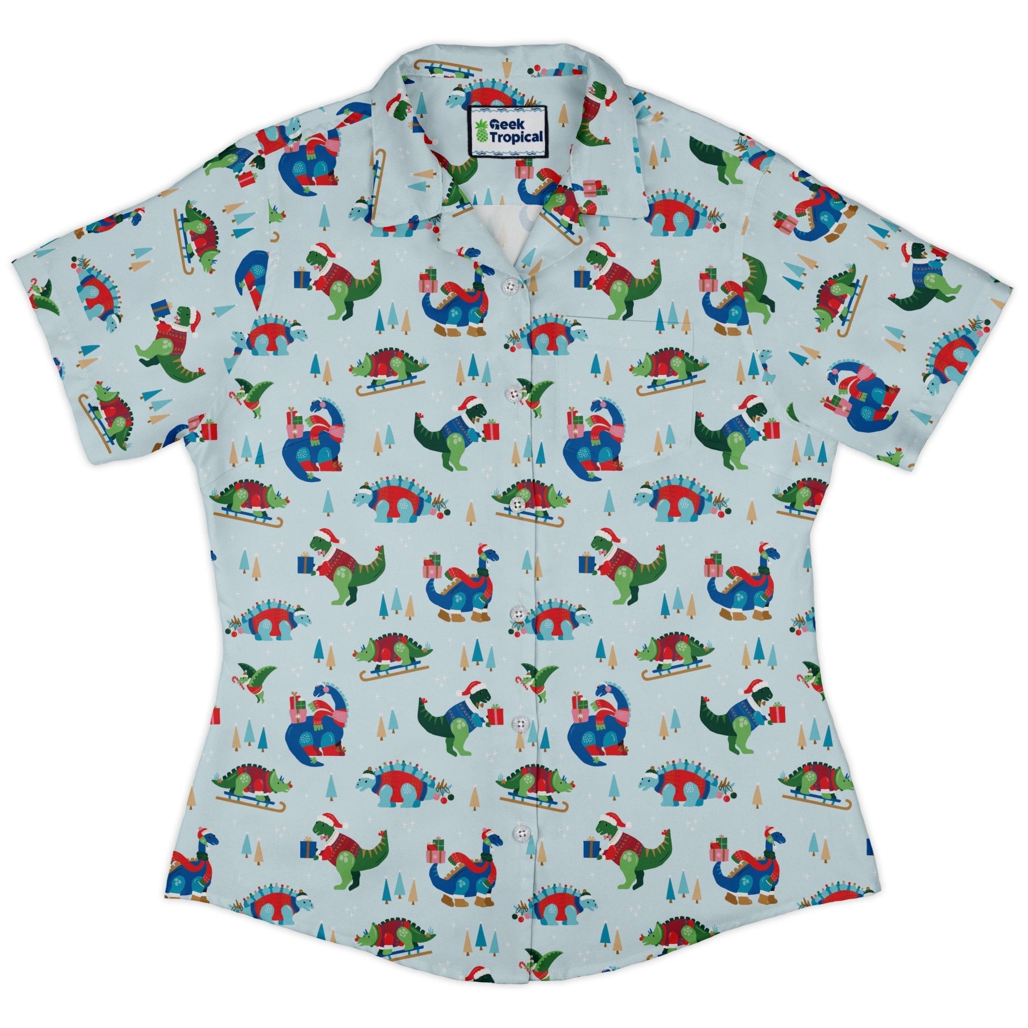 Dinosaur Wonderful Winter Curvy Button Up Shirt Geek Nerd christmas print Design by Zirkus Design dinosaur print