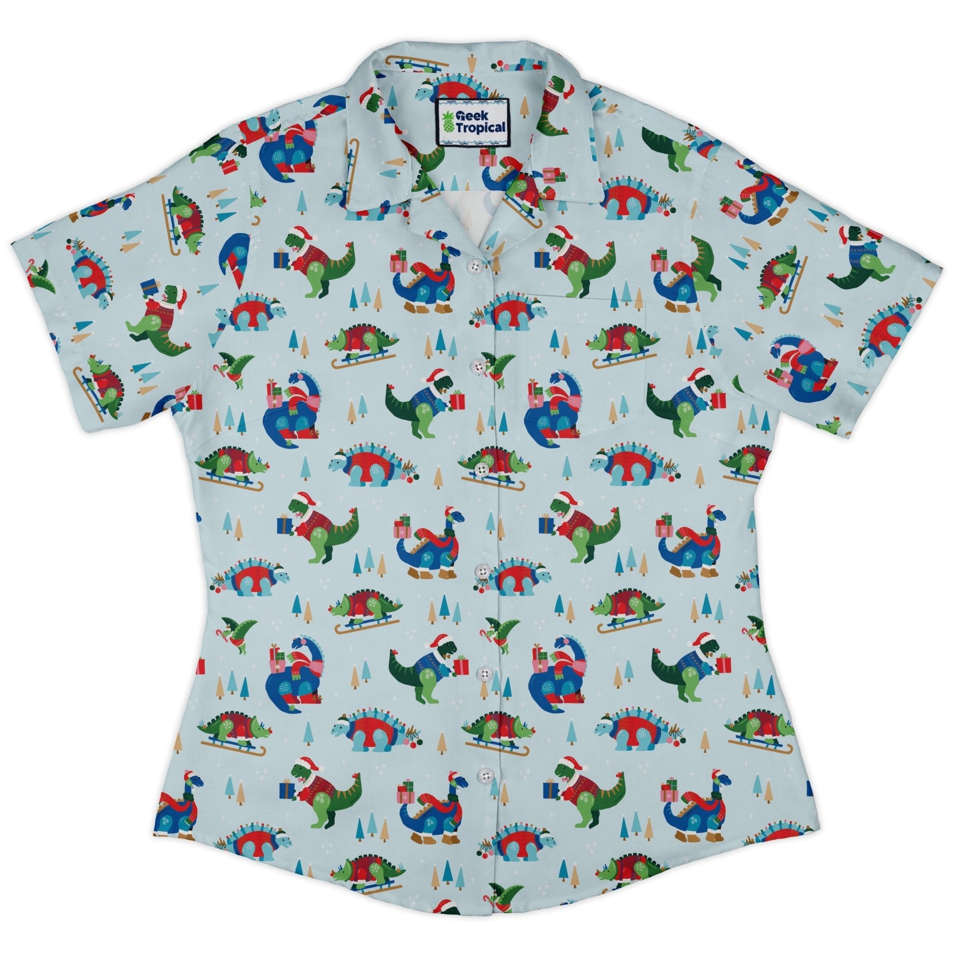 Dinosaur Wonderful Winter Curvy Button Up Shirt Geek Nerd christmas print Design by Zirkus Design dinosaur print