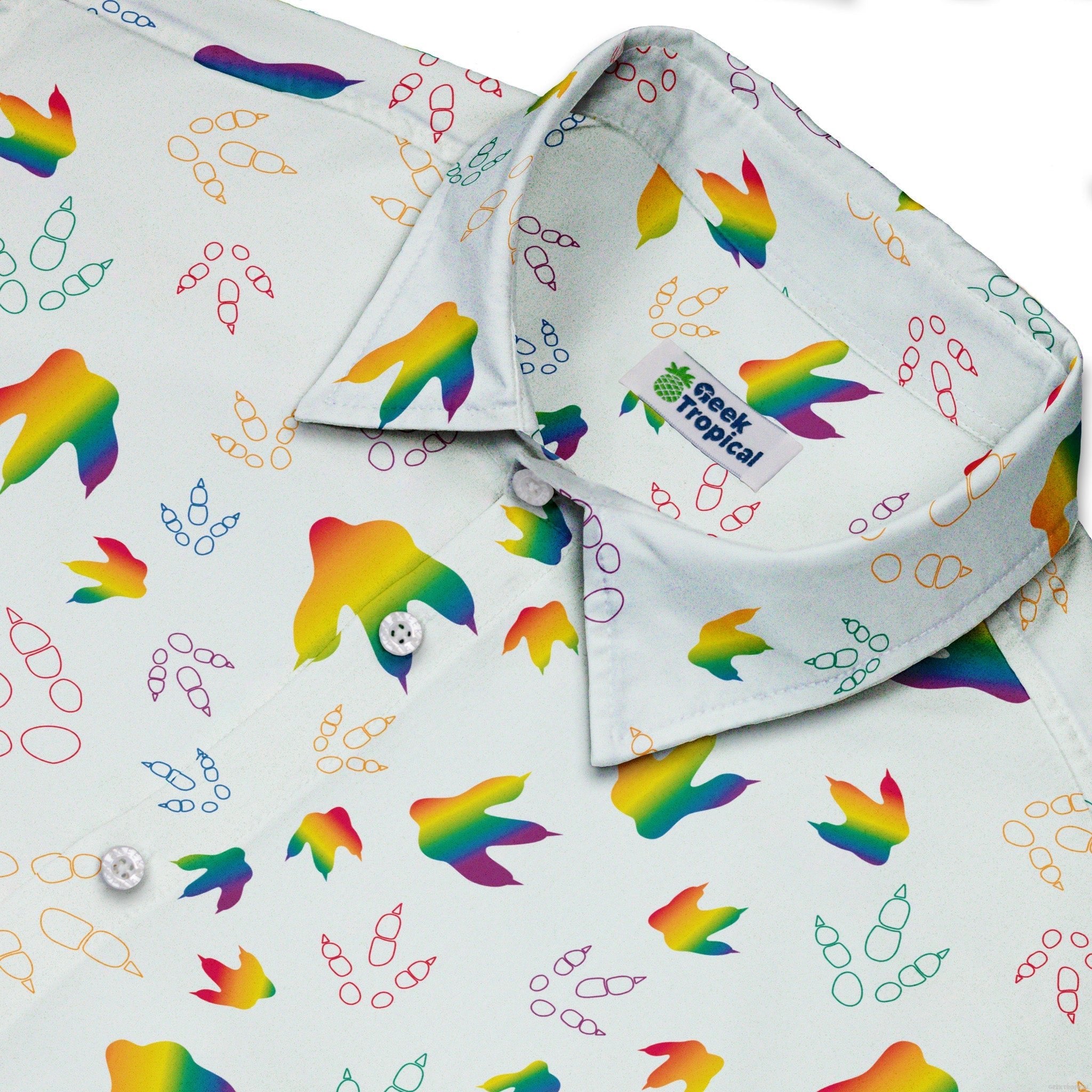Dinosaur Footprints Rainbow Button Up Shirt - adult sizing - dinosaur print - Pride Patterns
