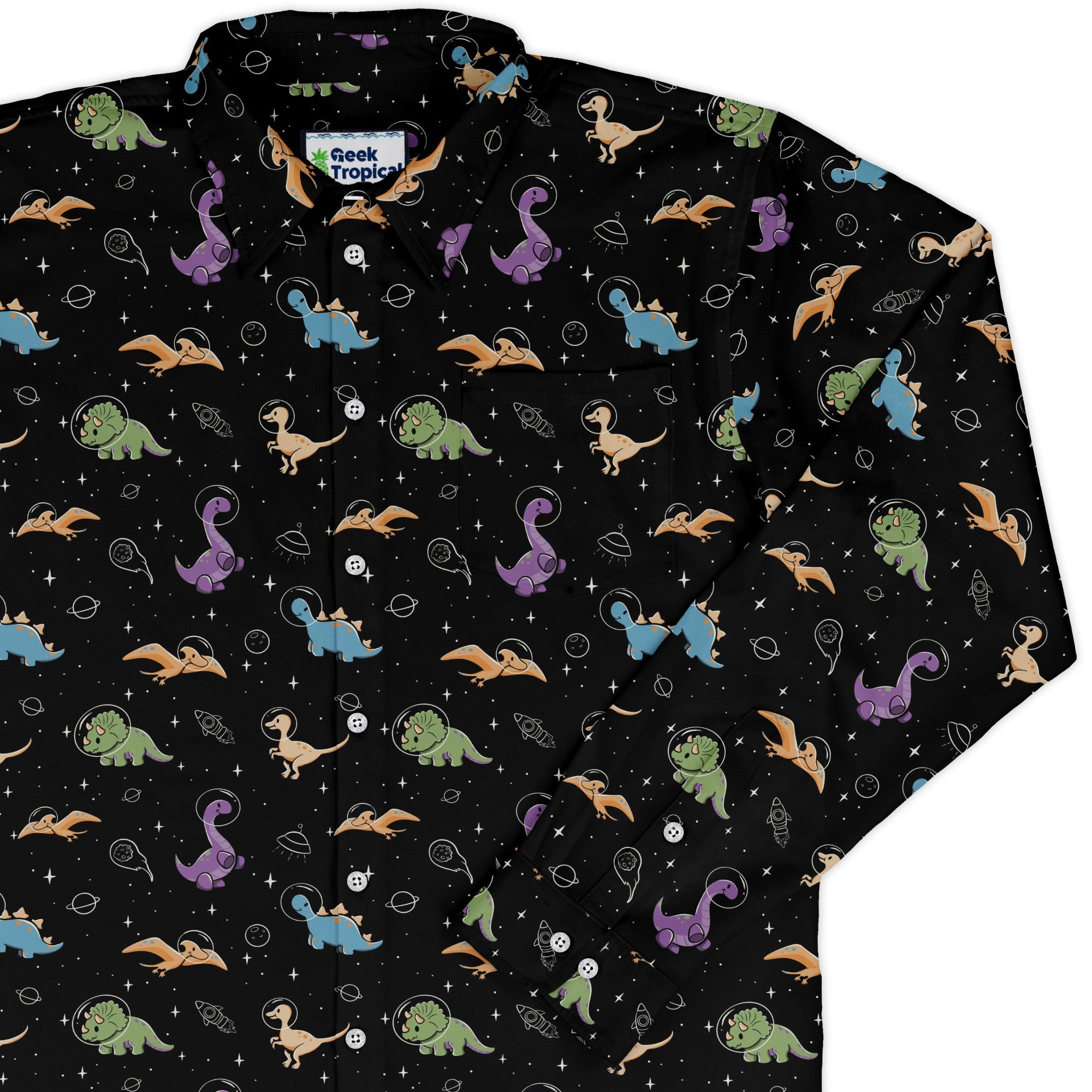 Dinostellar Space Dinosaurs Long Sleeve Button Up Shirt Geek Nerd 0925 adult sizing All Adult Button Up Shirts