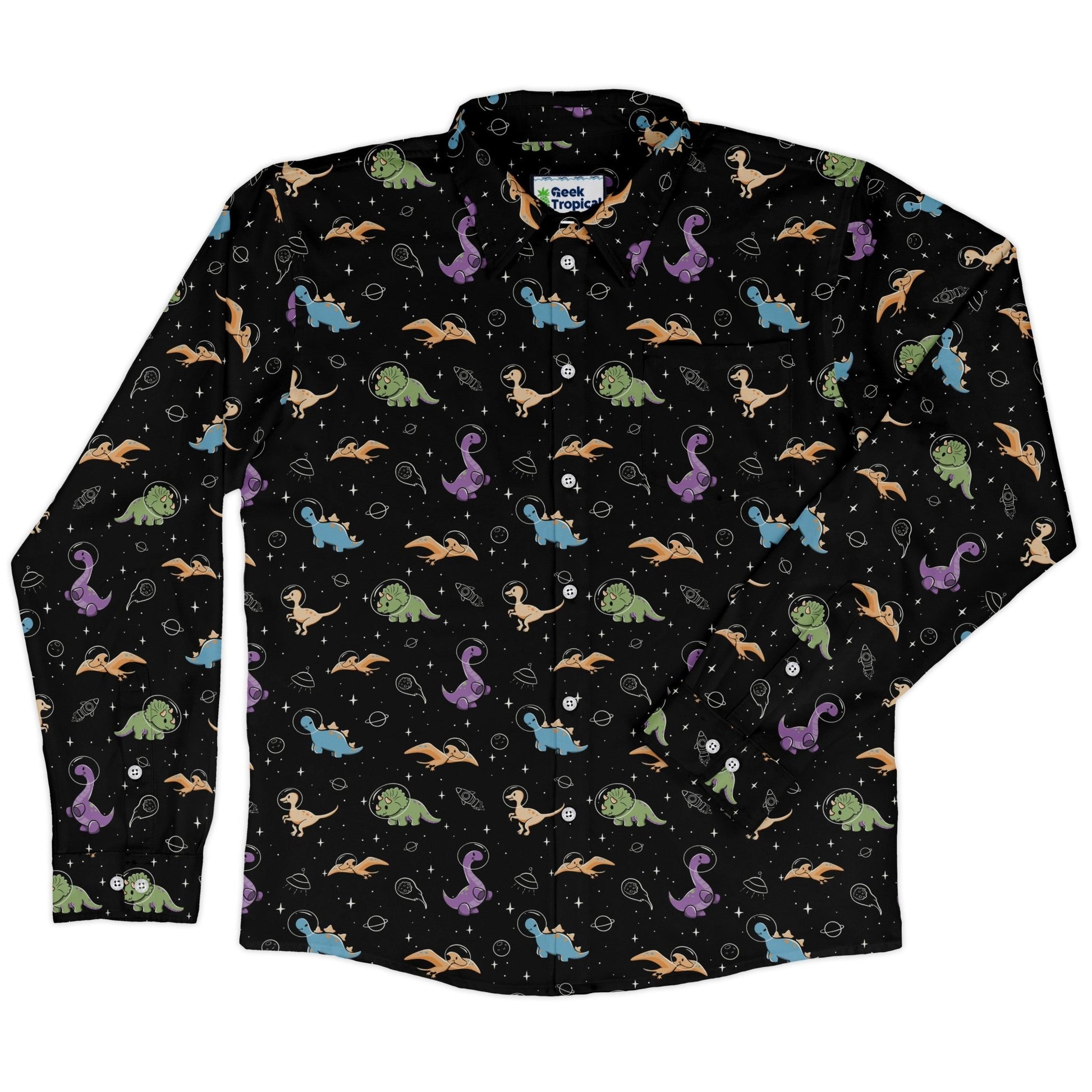 Dinostellar Space Dinosaurs Long Sleeve Button Up Shirt Geek Nerd 0925 adult sizing All Adult Button Up Shirts