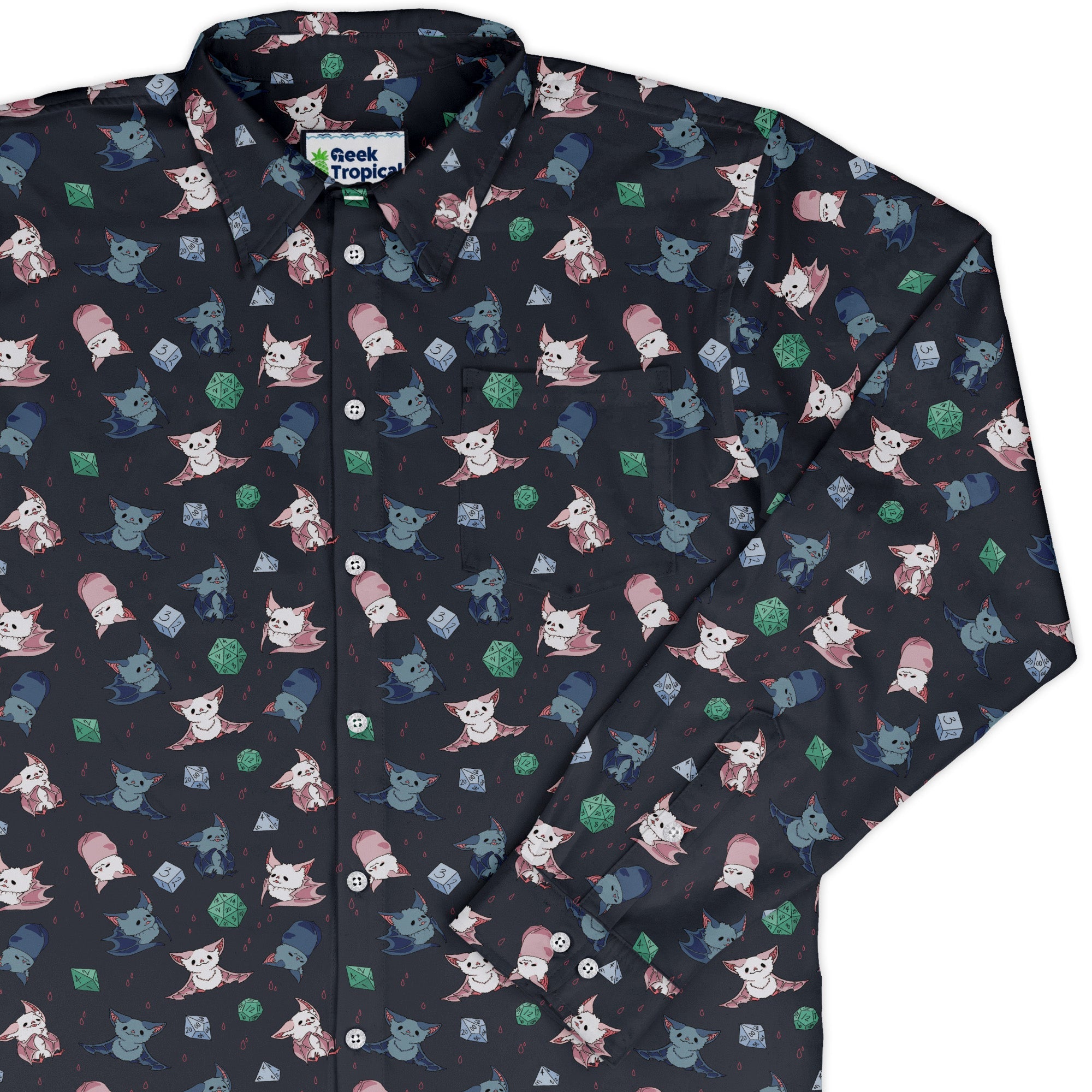 Dnd Bat Familiars Long Sleeve Button Up Shirt Geek Nerd adult sizing Design by Ardi Tong dnd & rpg print