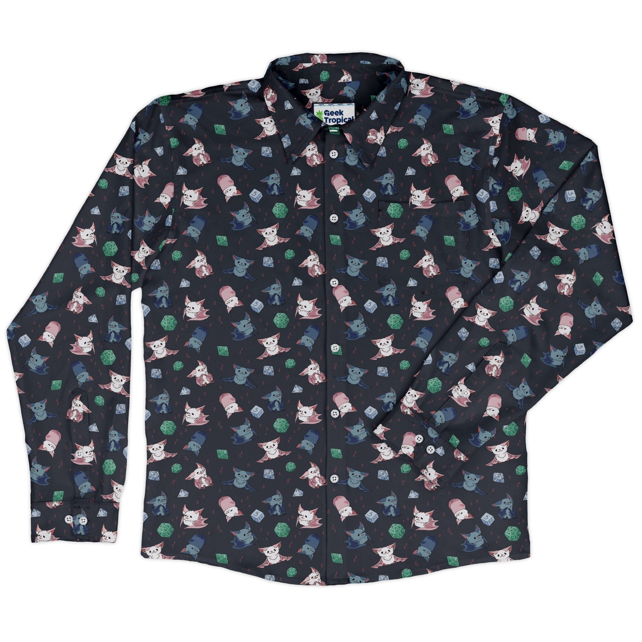 Dnd Bat Familiars Long Sleeve Button Up Shirt Geek Nerd adult sizing Design by Ardi Tong dnd & rpg print