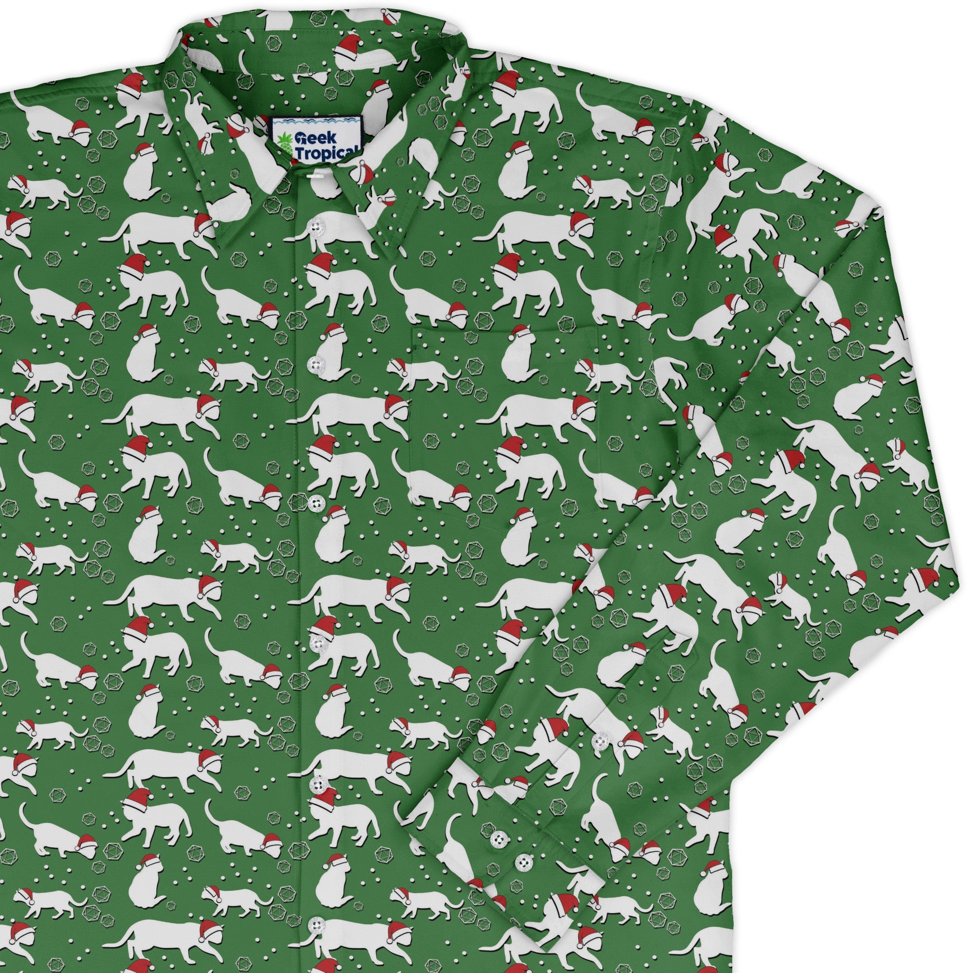 Dnd Christmas Dice Cats Long Sleeve Button Up Shirt Geek Nerd adult sizing Christmas Print Design by Heather Davenport