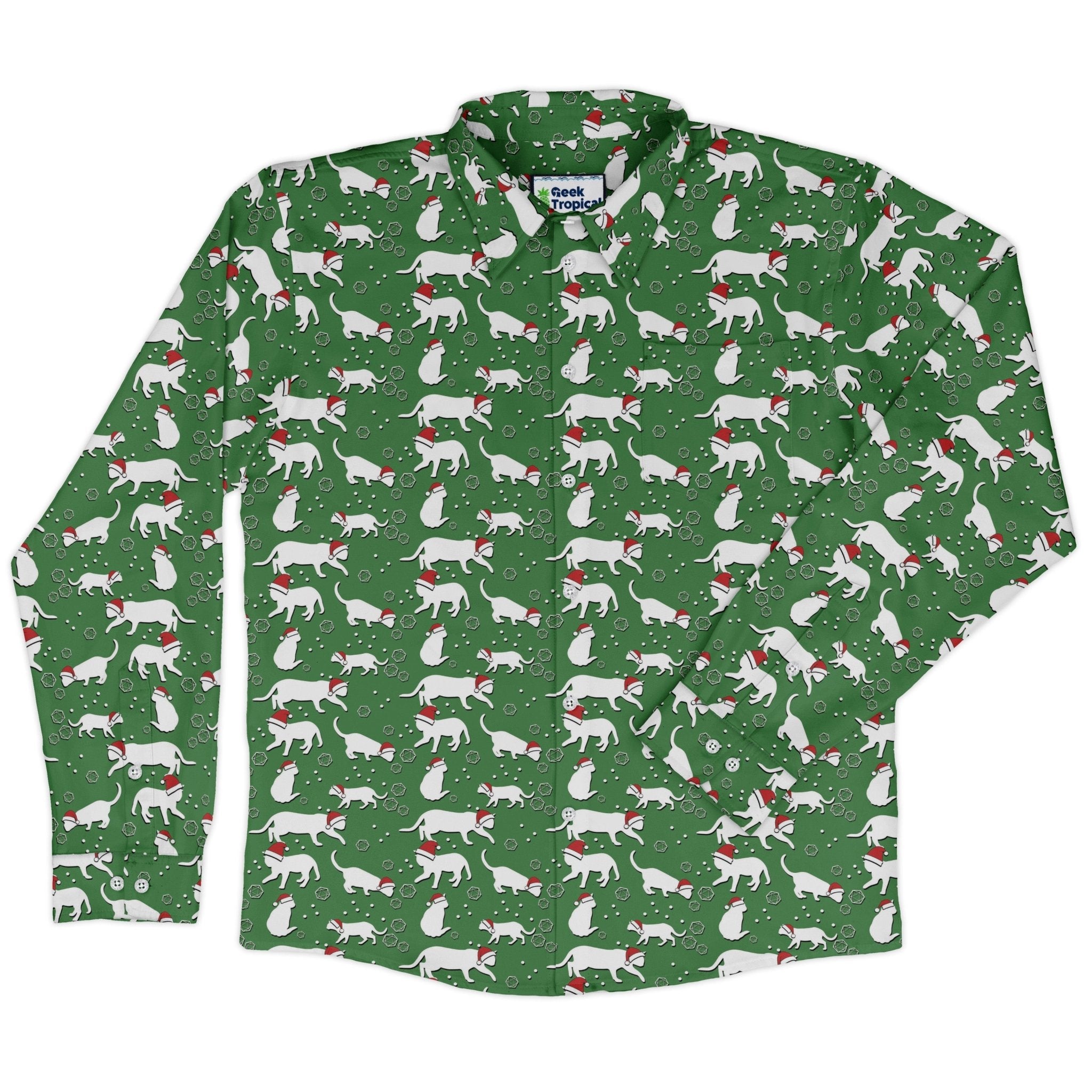 Dnd Christmas Dice Cats Long Sleeve Button Up Shirt Geek Nerd adult sizing Christmas Print Design by Heather Davenport