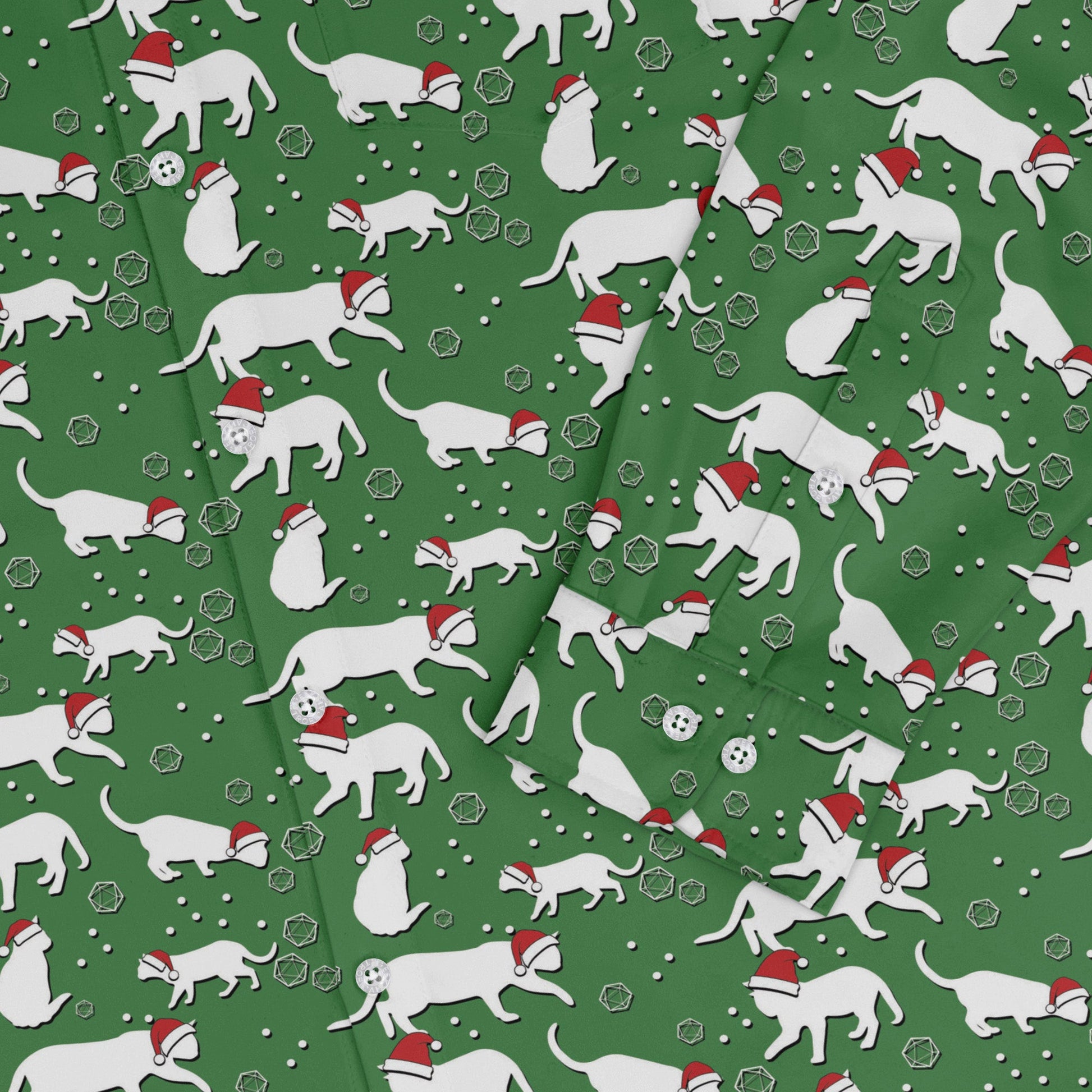 Dnd Christmas Dice Cats Long Sleeve Button Up Shirt Geek Nerd adult sizing Christmas Print Design by Heather Davenport