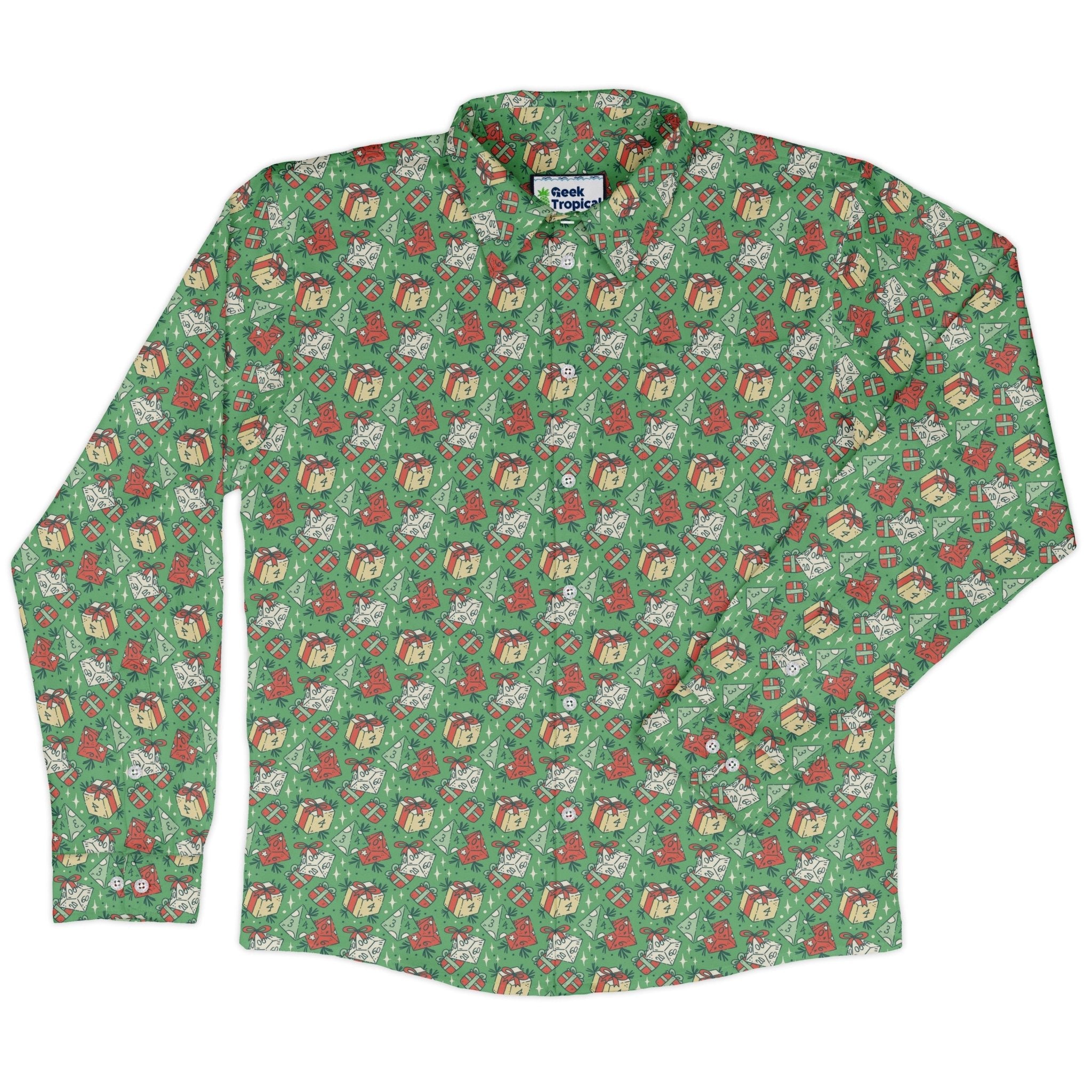 Dnd Christmas Dice Presents Long Sleeve Button Up Shirt Geek Nerd adult sizing Christmas Print dnd & rpg print