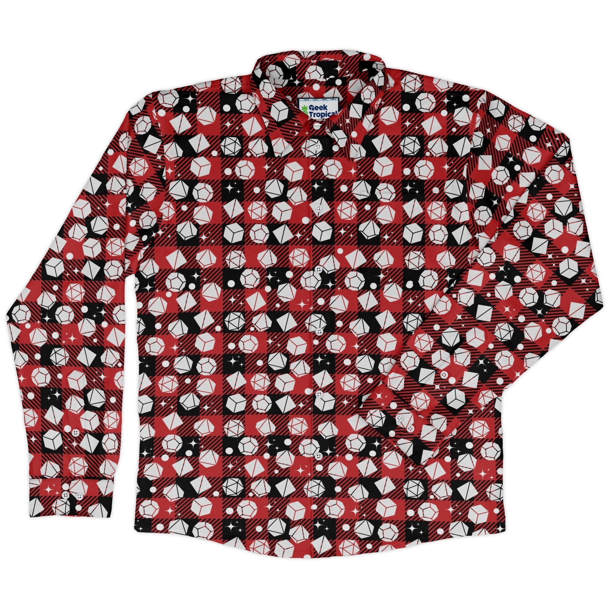 Dnd Christmas Red Plaid Long Sleeve Button Up Shirt Geek Nerd adult sizing Christmas Print dnd & rpg print