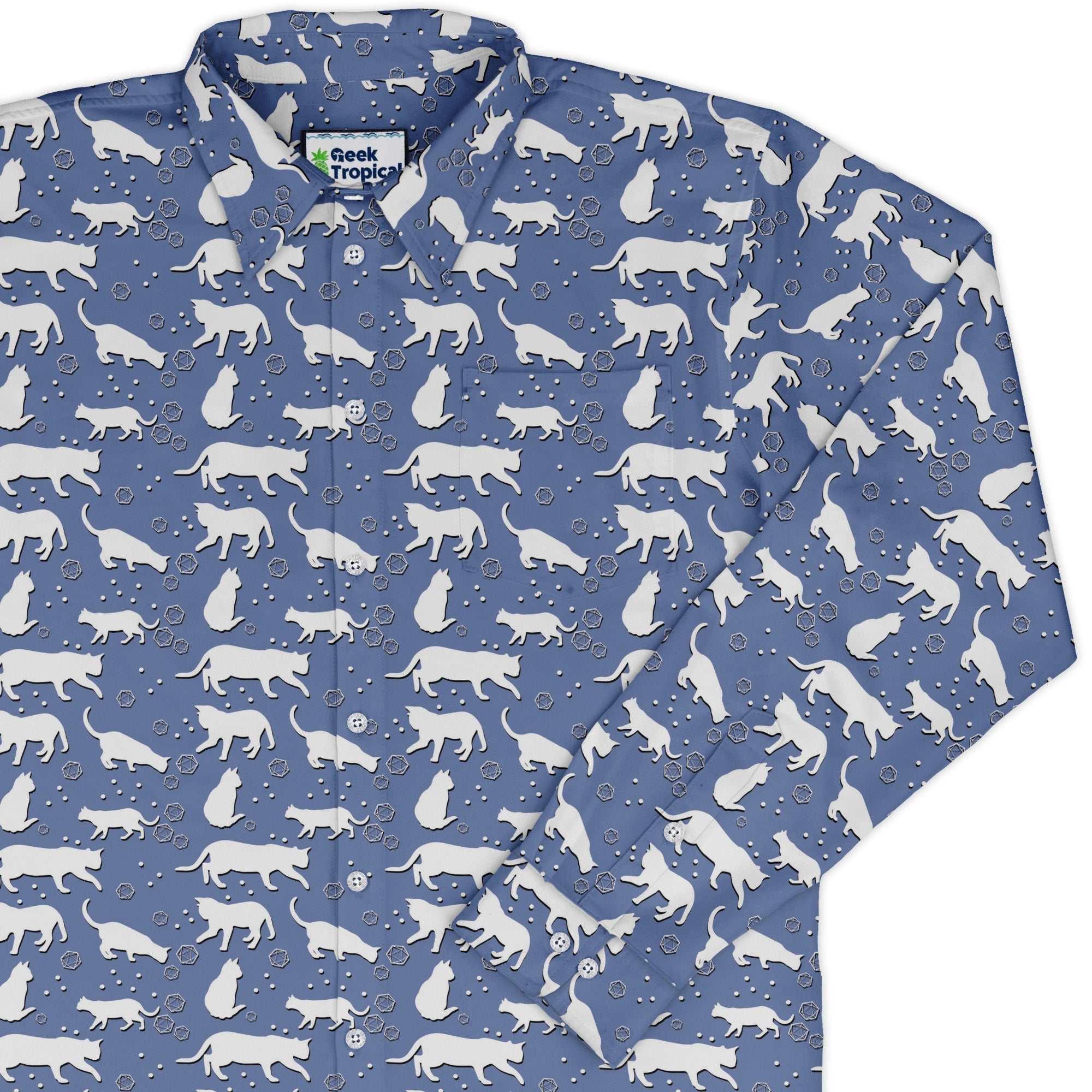 Dnd Dice Cats Long Sleeve Button Up Shirt Geek Nerd adult sizing Animal Patterns Design by Heather Davenport