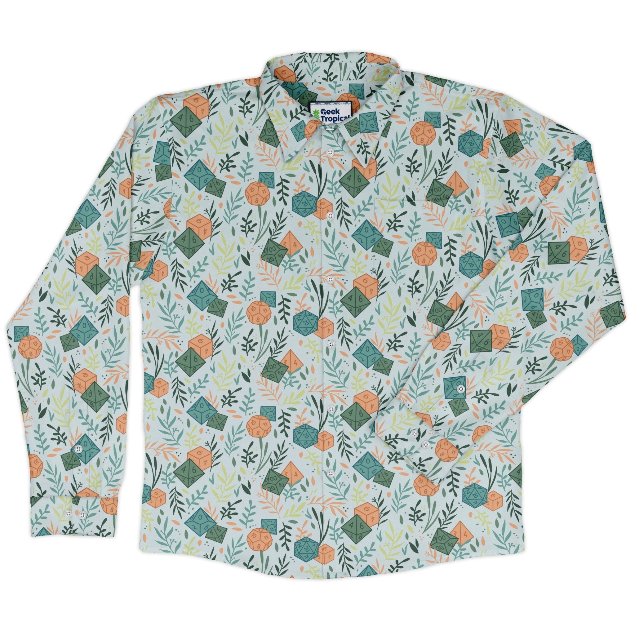 Dnd Dice Plants Long Sleeve Button Up Shirt Geek Nerd adult sizing dnd & rpg print FLOW DESC WRITING