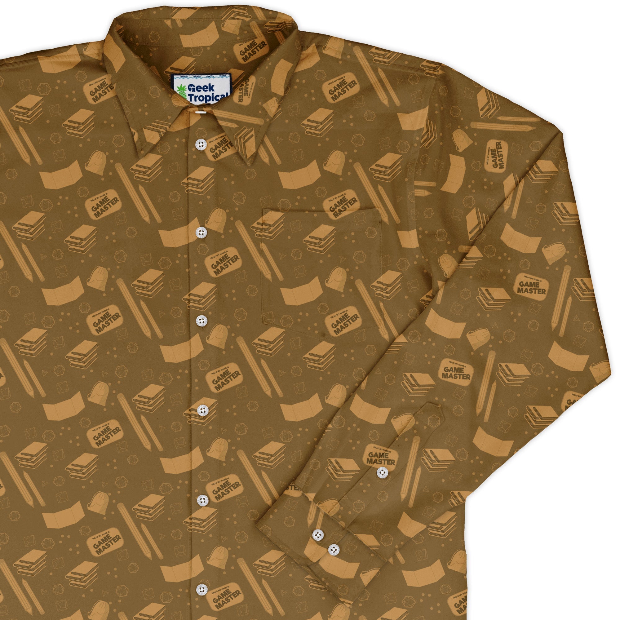 Dnd Dungeon Master Long Sleeve Button Up Shirt Geek Nerd adult sizing Design by Heather Davenport dnd & rpg print