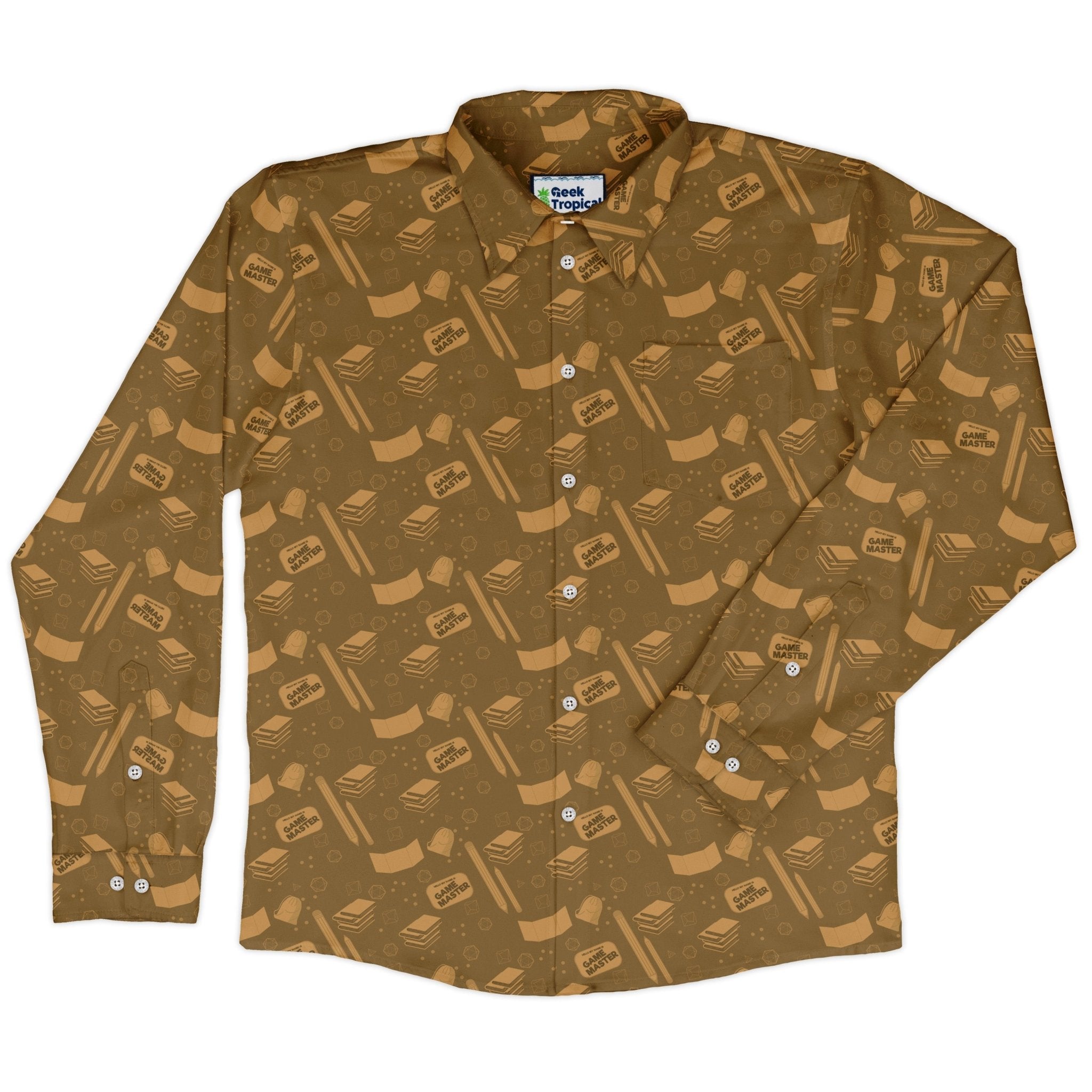 Dnd Dungeon Master Long Sleeve Button Up Shirt Geek Nerd adult sizing Design by Heather Davenport dnd & rpg print