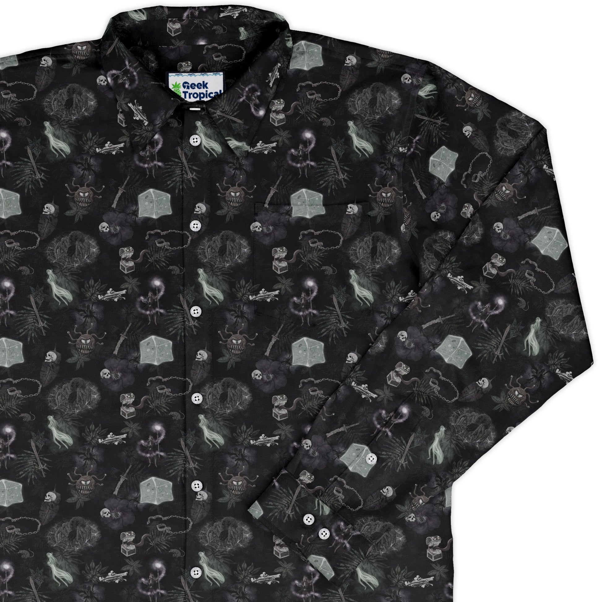 Dnd Dungeon Monsters Midnight Long Sleeve Button Up Shirt Geek Nerd adult sizing Designs by Nathan dnd & rpg print