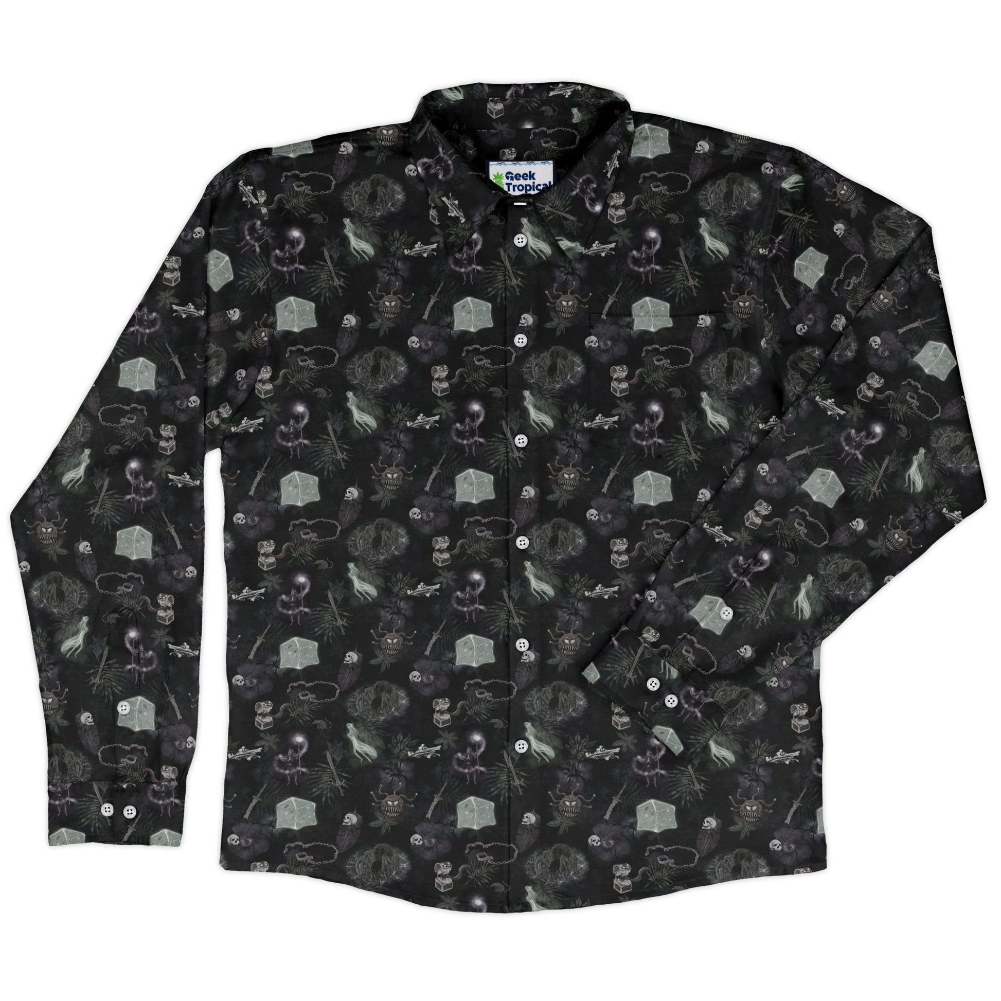 Dnd Dungeon Monsters Midnight Long Sleeve Button Up Shirt Geek Nerd adult sizing Designs by Nathan dnd & rpg print