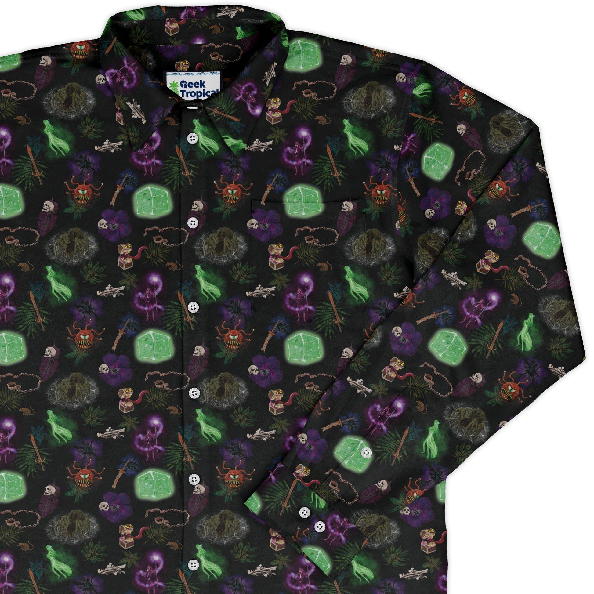 Dnd Dungeon Monsters Long Sleeve Button Up Shirt Geek Nerd adult sizing Designs by Nathan dnd & rpg print