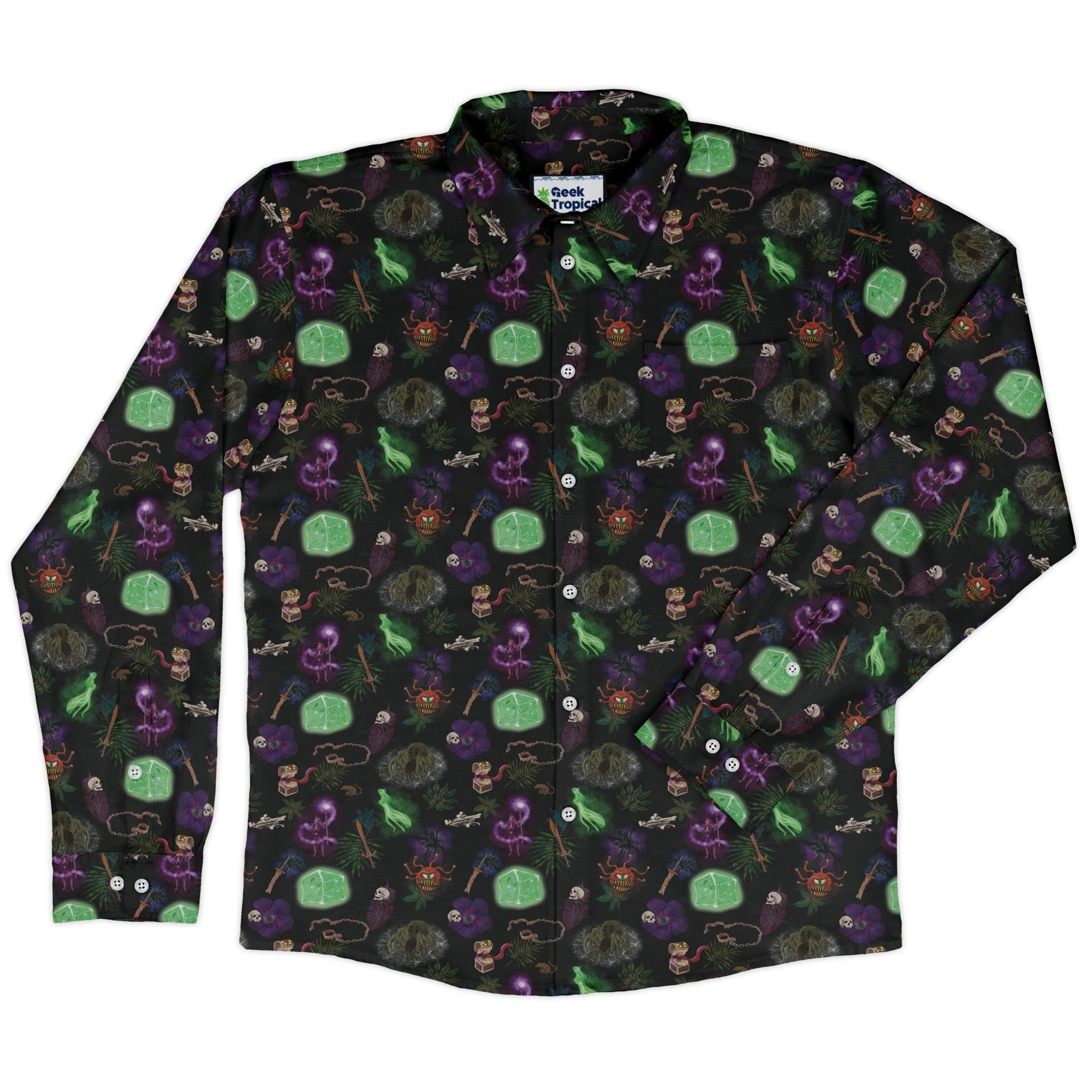 Dnd Dungeon Monsters Long Sleeve Button Up Shirt Geek Nerd adult sizing Designs by Nathan dnd & rpg print