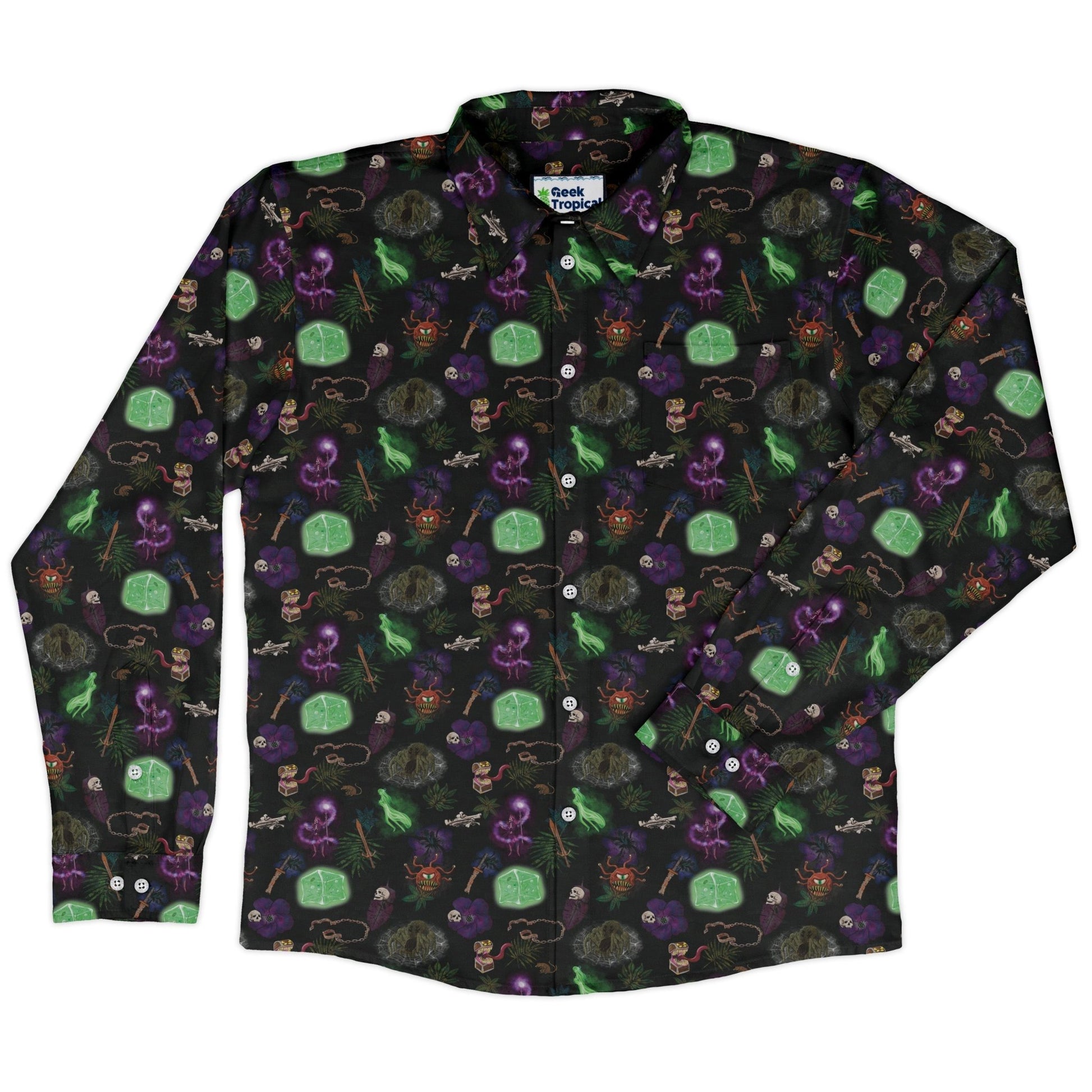 Dnd Dungeon Monsters Long Sleeve Button Up Shirt Geek Nerd adult sizing Designs by Nathan dnd & rpg print