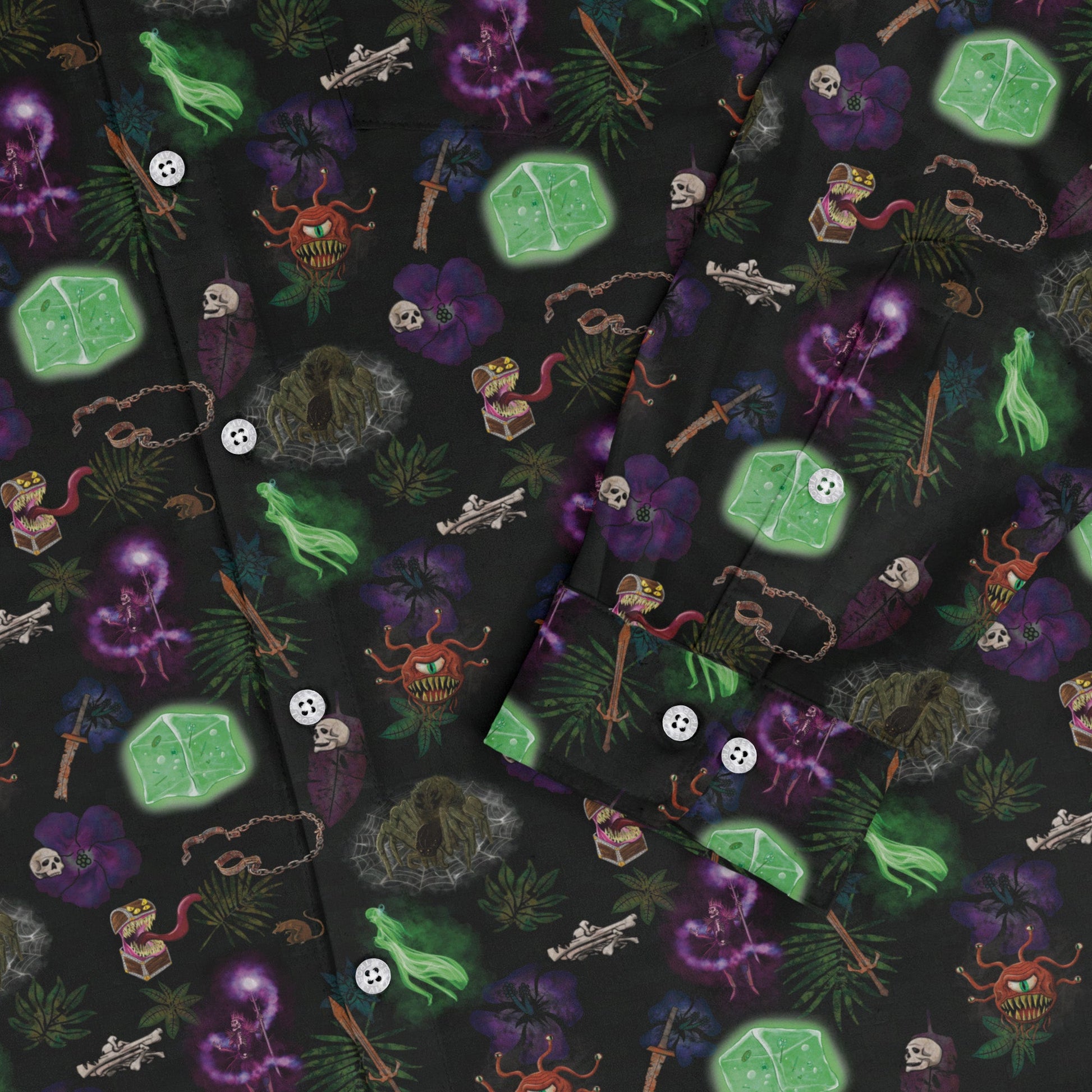 Dnd Dungeon Monsters Long Sleeve Button Up Shirt Geek Nerd adult sizing Designs by Nathan dnd & rpg print