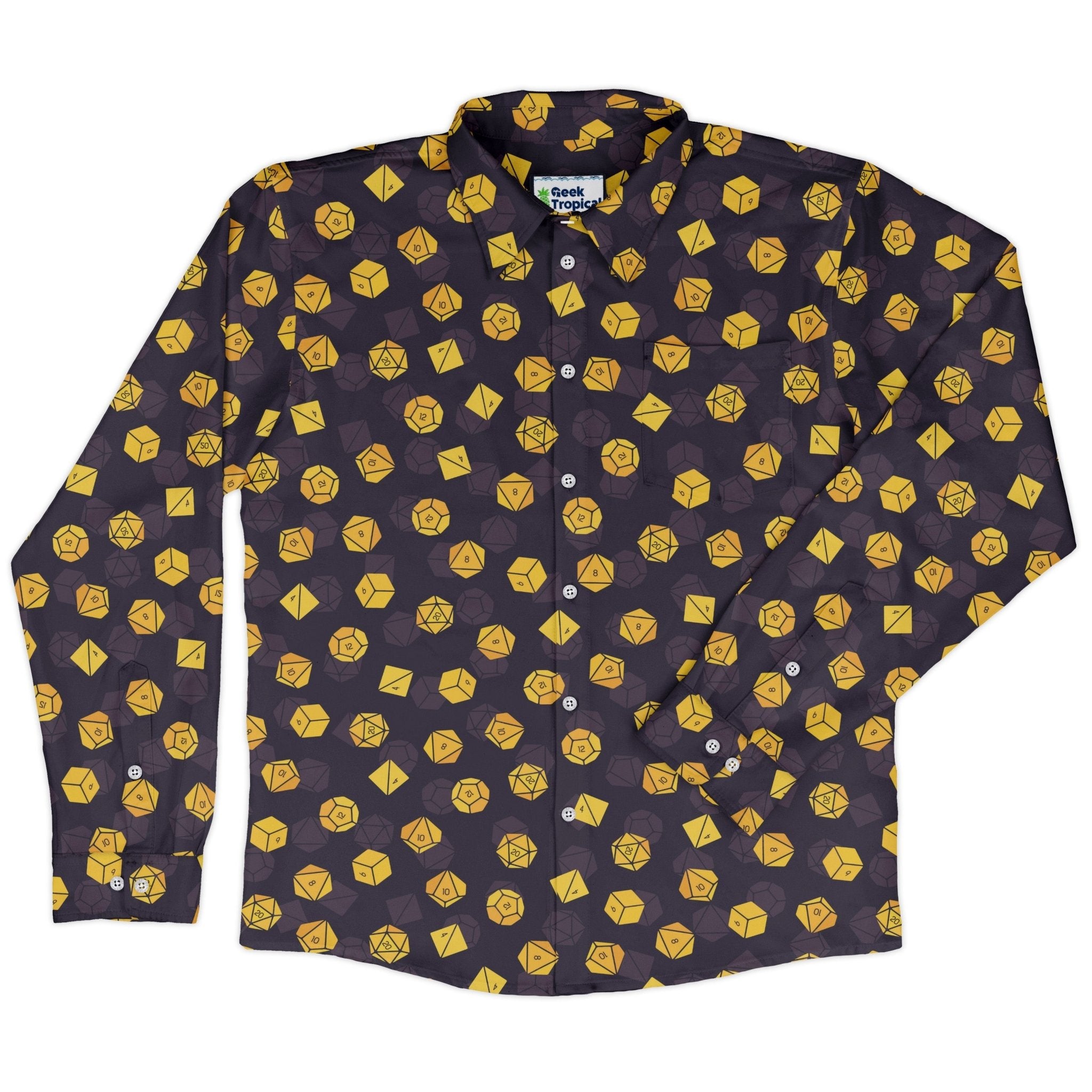 Dnd High Roller Gold Dice Long Sleeve Button Up Shirt Geek Nerd adult sizing dnd & rpg print FLOW DESC WRITING