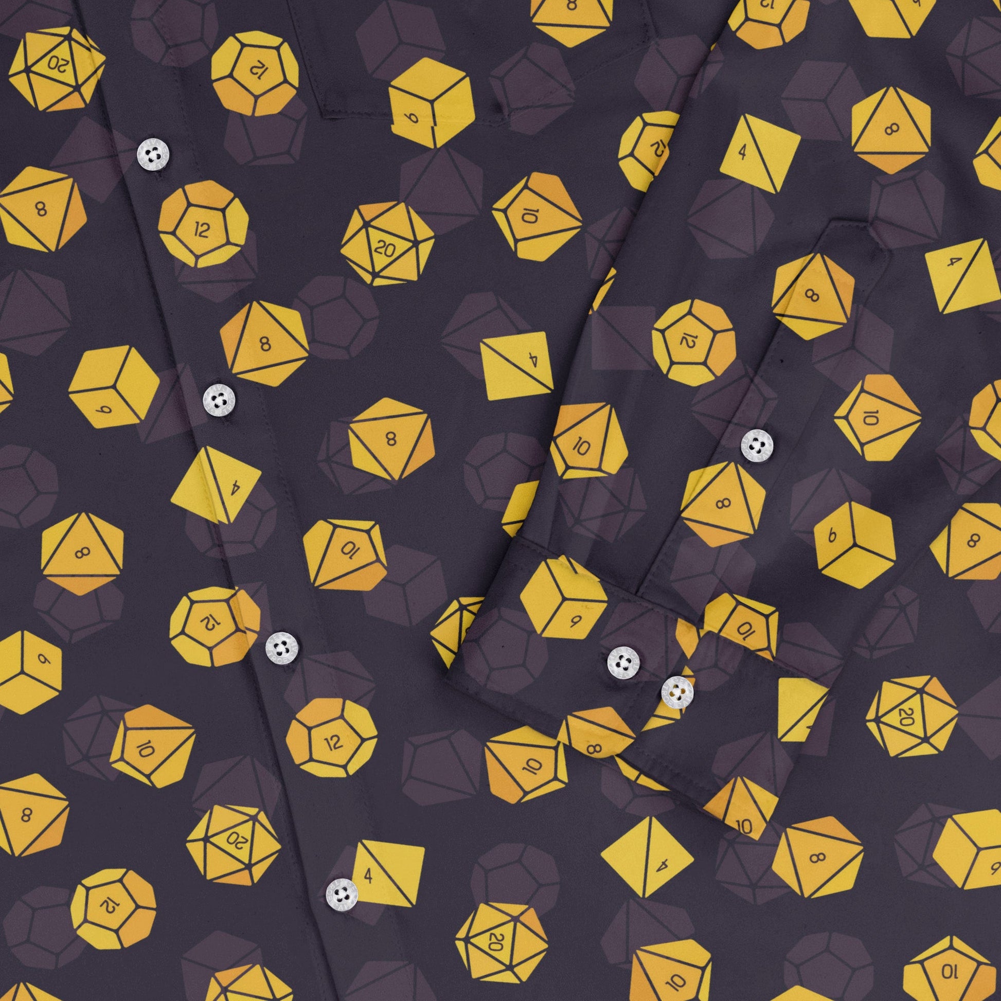 Dnd High Roller Gold Dice Long Sleeve Button Up Shirt Geek Nerd adult sizing dnd & rpg print FLOW DESC WRITING