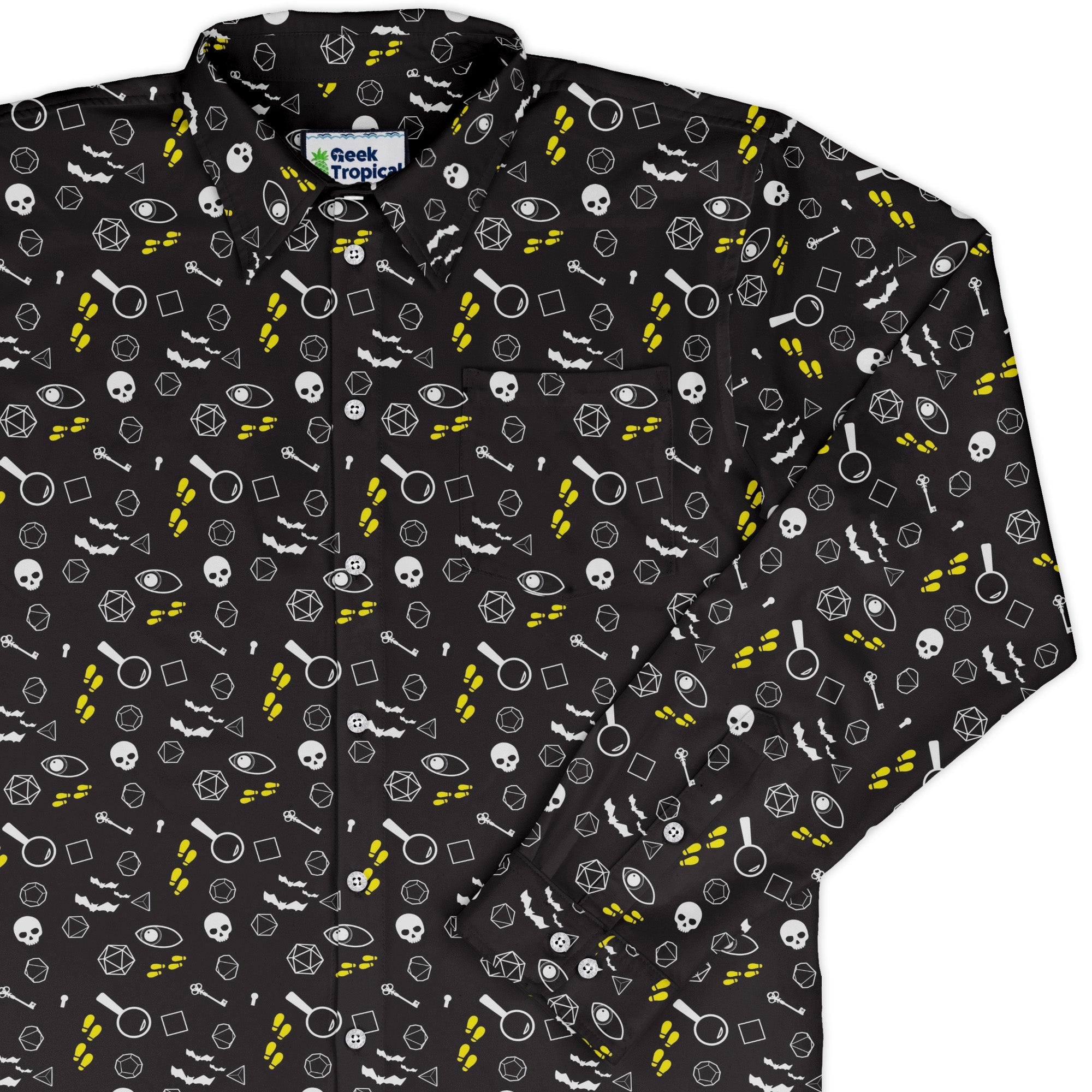 Dnd Horror Mystery Long Sleeve Button Up Shirt Geek Nerd adult sizing Design by Heather Davenport dnd & rpg print