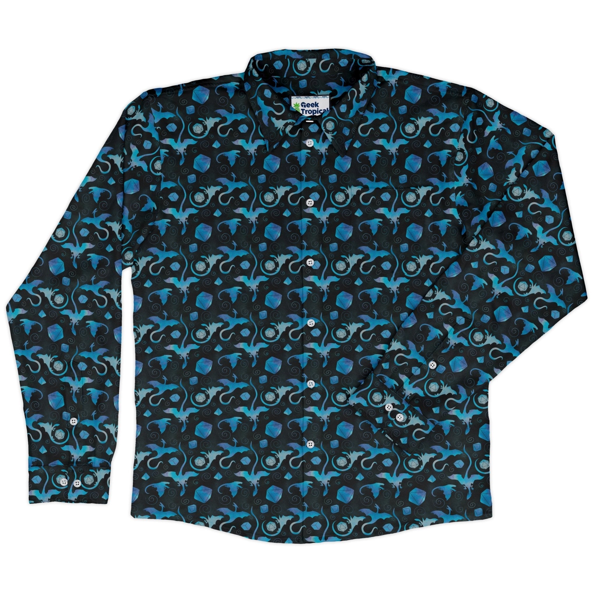 Dnd Mystic Blue Dragons Long Sleeve Button Up Shirt Geek Nerd adult sizing Designs by Nathan dnd & rpg print
