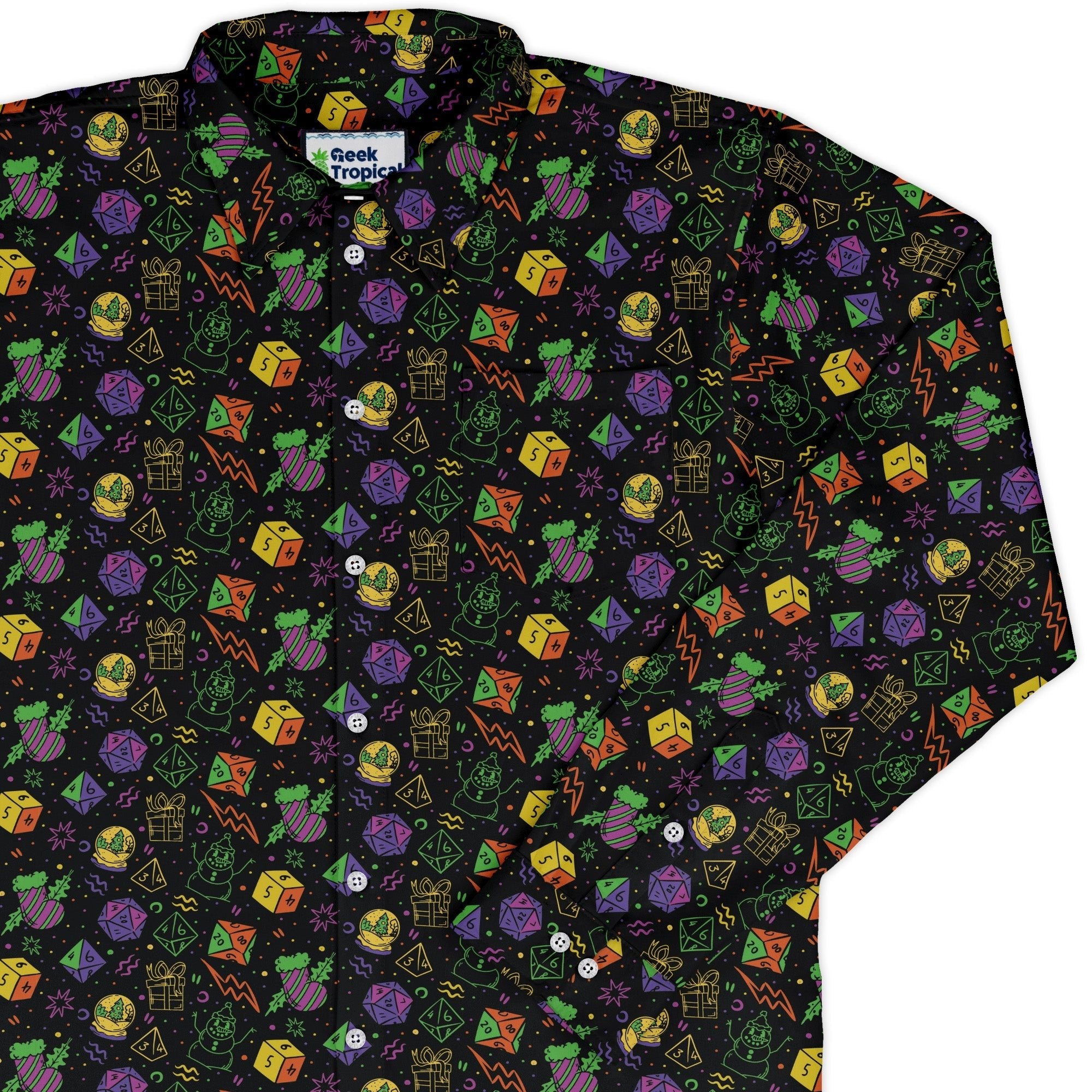 Dnd RPG Christmas Black Long Sleeve Button Up Shirt Geek Nerd adult sizing Christmas Print dnd & rpg print