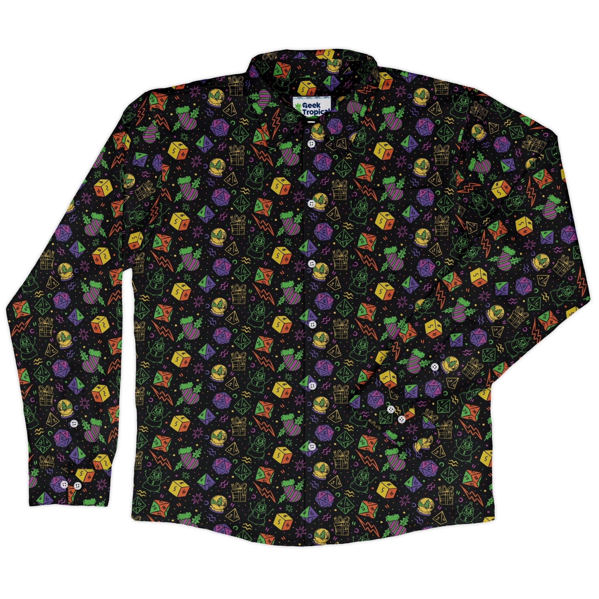 Dnd RPG Christmas Black Long Sleeve Button Up Shirt Geek Nerd adult sizing Christmas Print dnd & rpg print