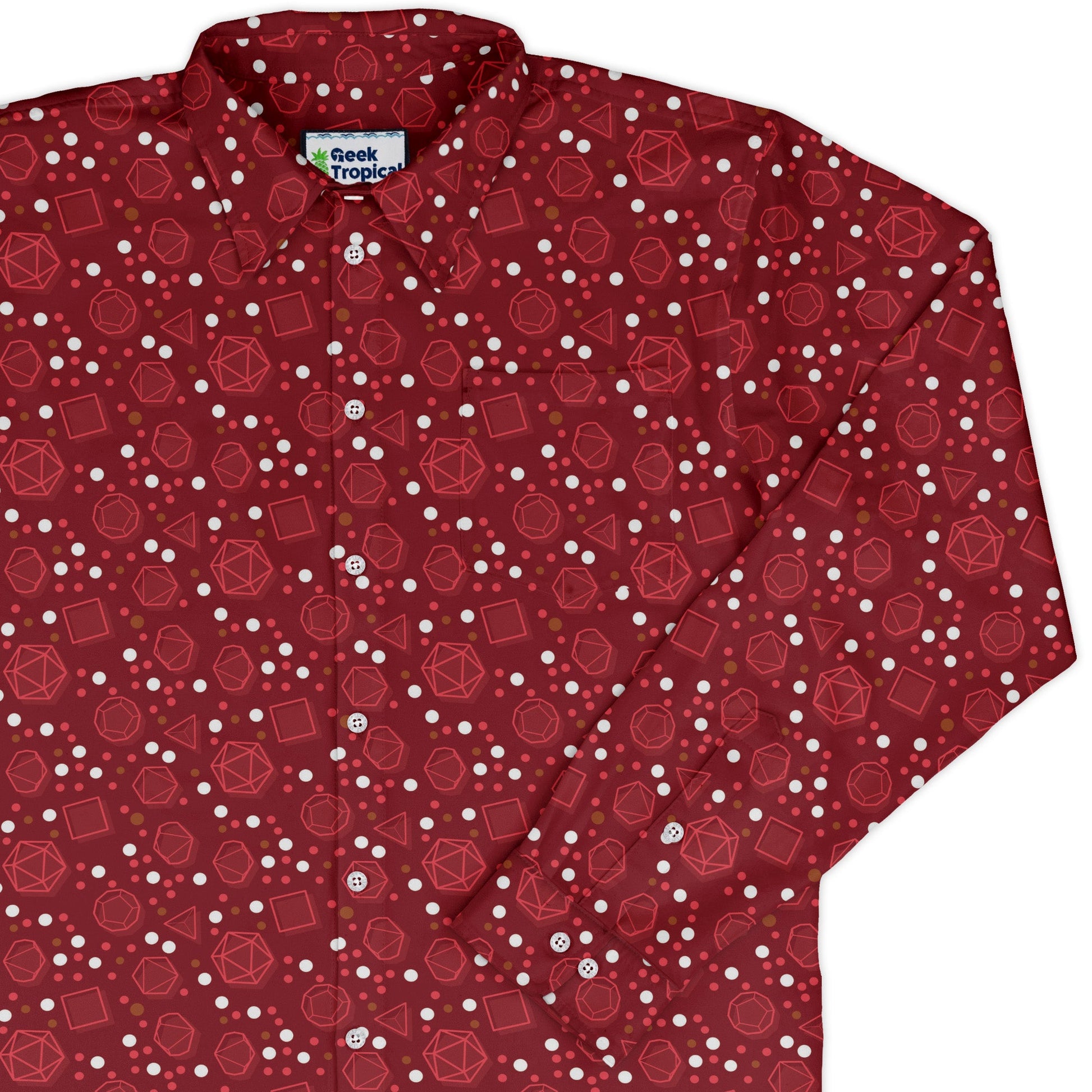 Dnd Red Dice Sets Long Sleeve Button Up Shirt Geek Nerd adult sizing Design by Heather Davenport dnd & rpg print