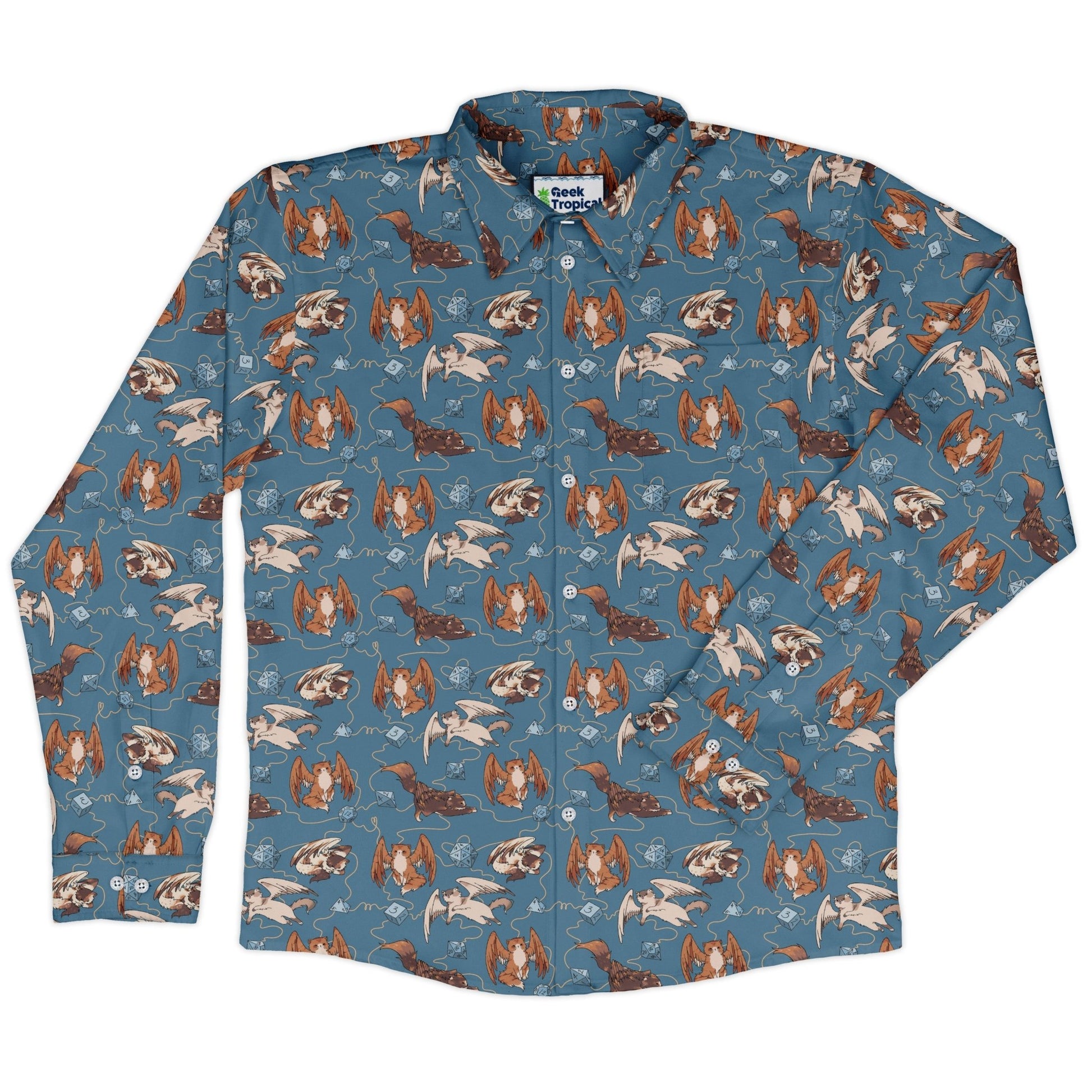 Dnd Tressym Familiars Long Sleeve Button Up Shirt Geek Nerd adult sizing Design by Ardi Tong dnd & rpg print