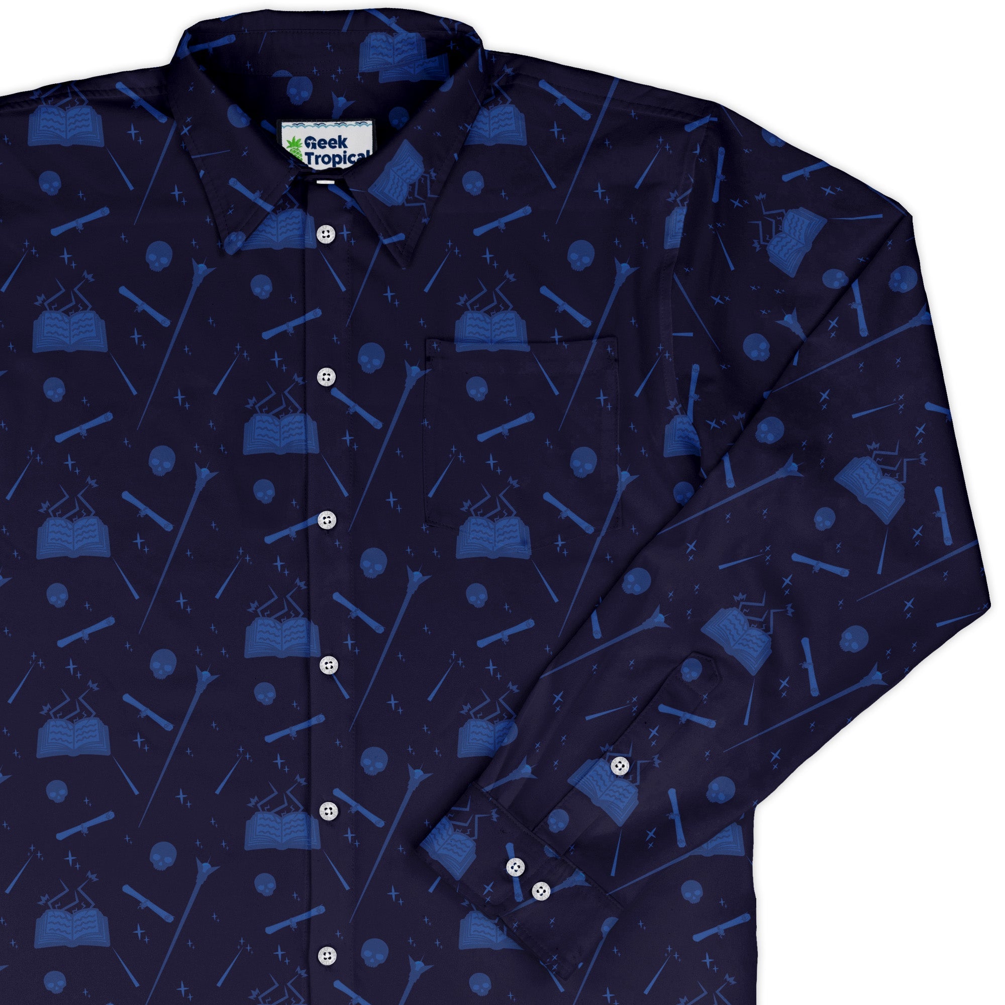 Dnd Wizard Class Long Sleeve Button Up Shirt Geek Nerd adult sizing Design by Heather Davenport dnd & rpg print