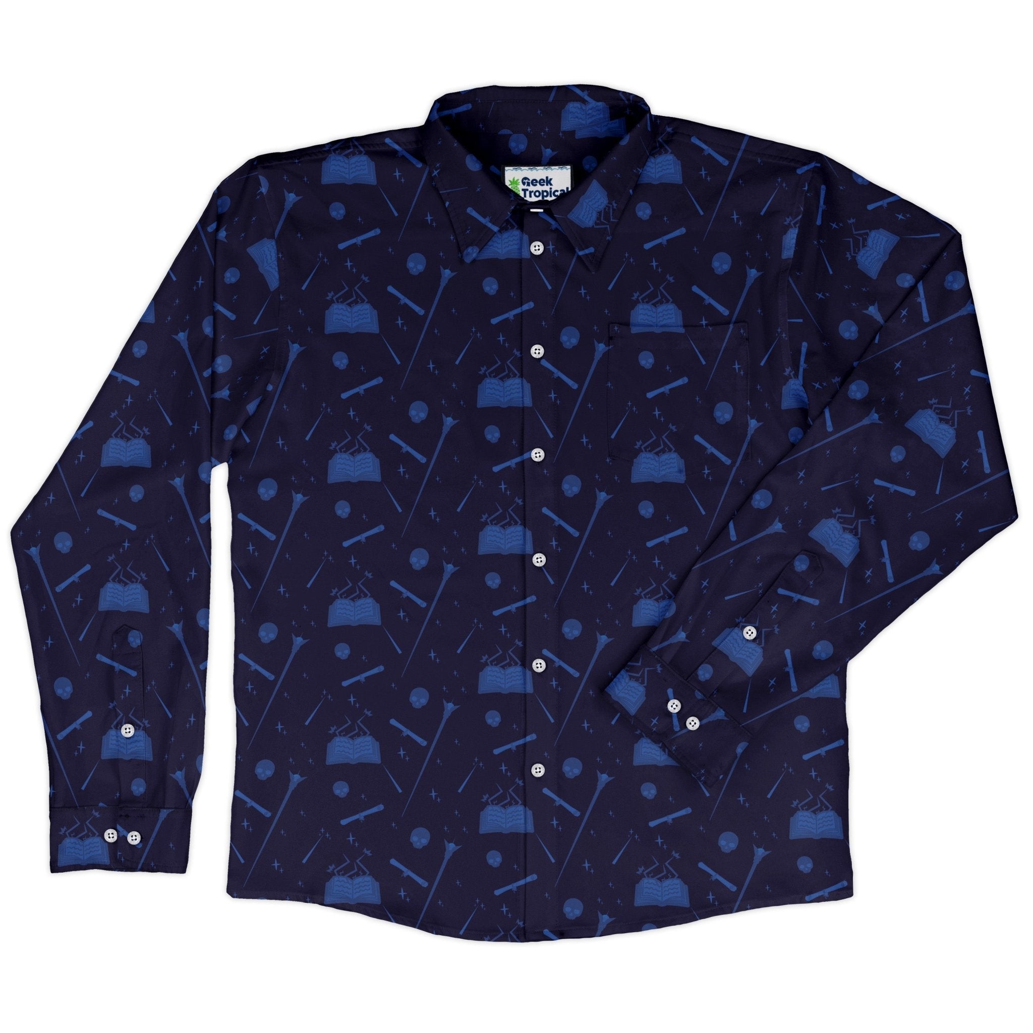 Dnd Wizard Class Long Sleeve Button Up Shirt Geek Nerd adult sizing Design by Heather Davenport dnd & rpg print
