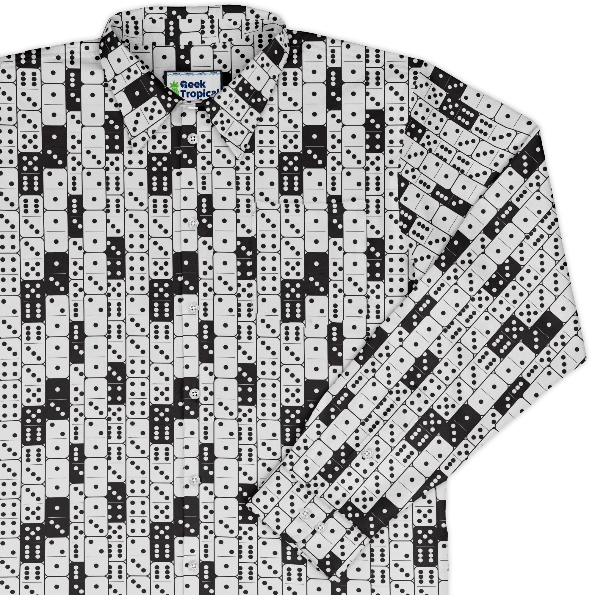 Dominos Long Sleeve Button Up Shirt Geek Nerd adult sizing board game print Design by Heather Davenport