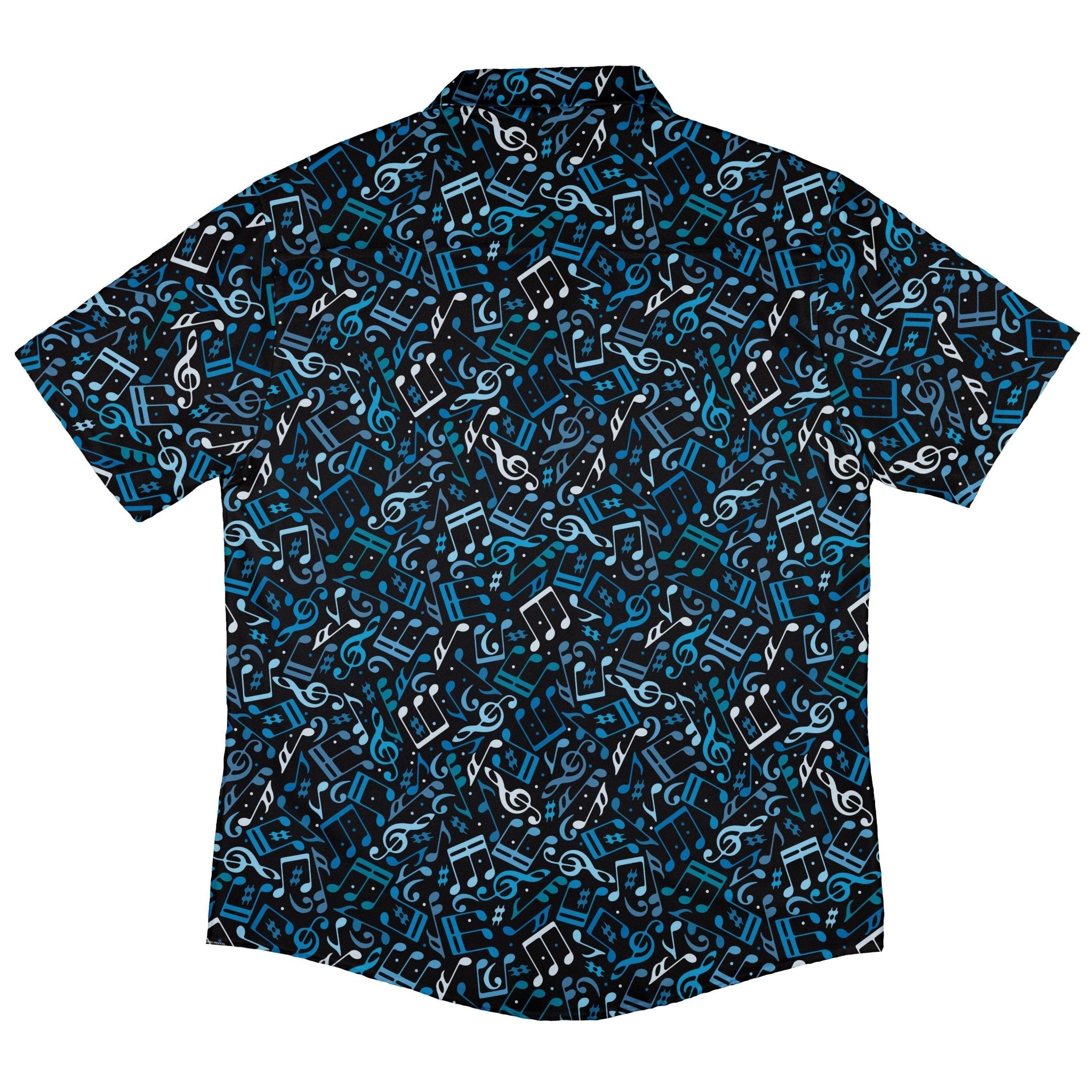 Dotted Blue Musical Notes Black Button Up Shirt - adult sizing - music print -