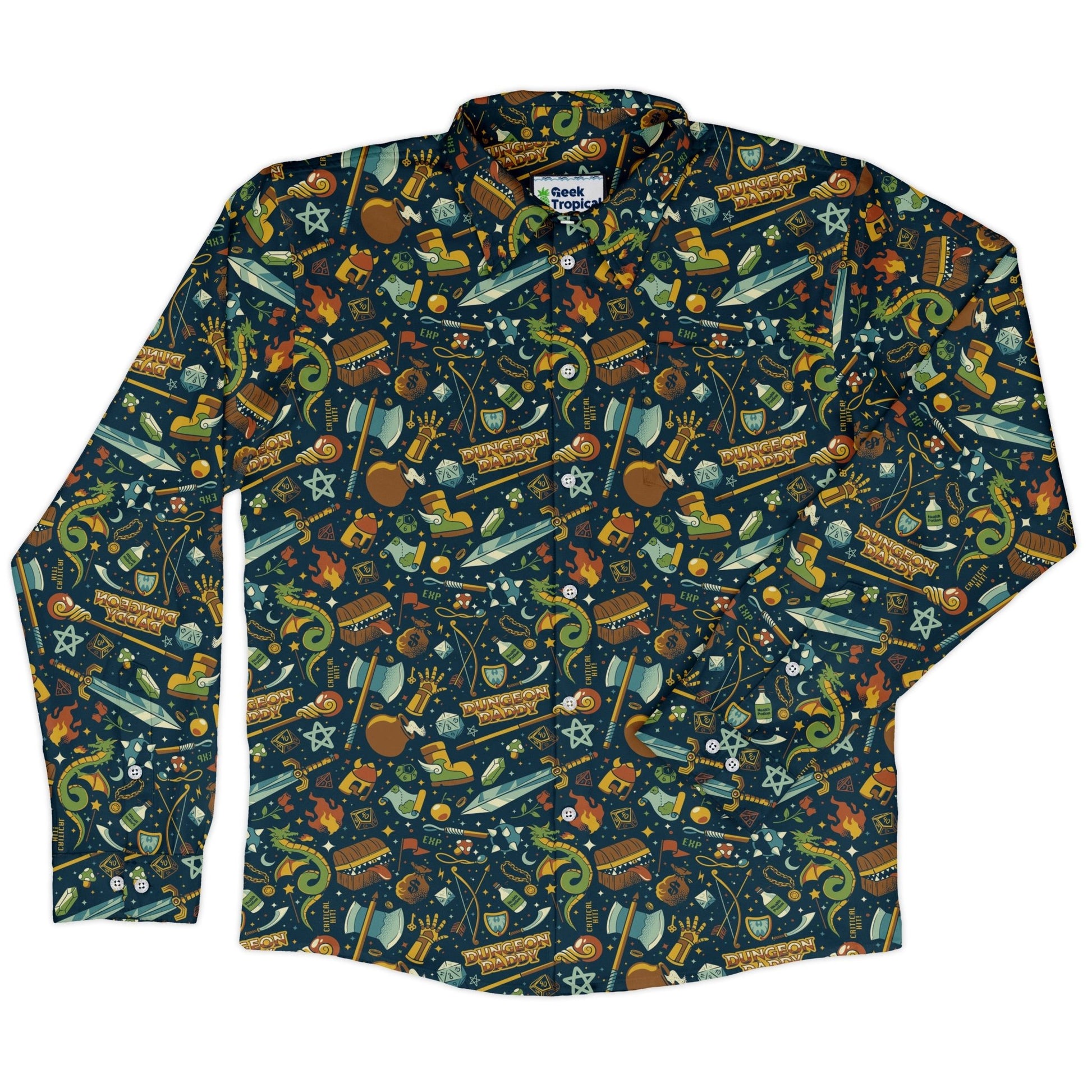 Dungeon Daddy Long Sleeve Button Up Shirt Geek Nerd adult sizing Design by Tobe Fonseca dnd & rpg print