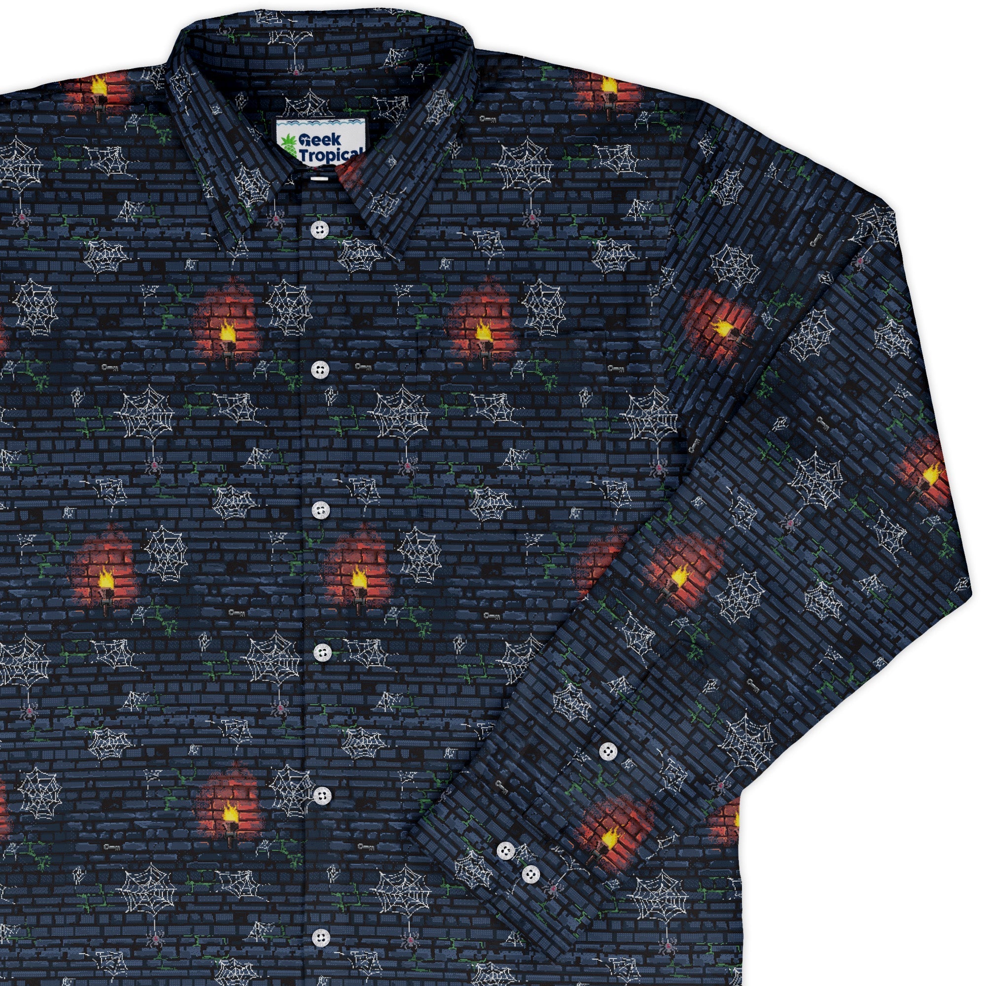 Dungeon Wall Long Sleeve Button Up Shirt Geek Nerd adult sizing Design by Claire Murphy dnd & rpg print